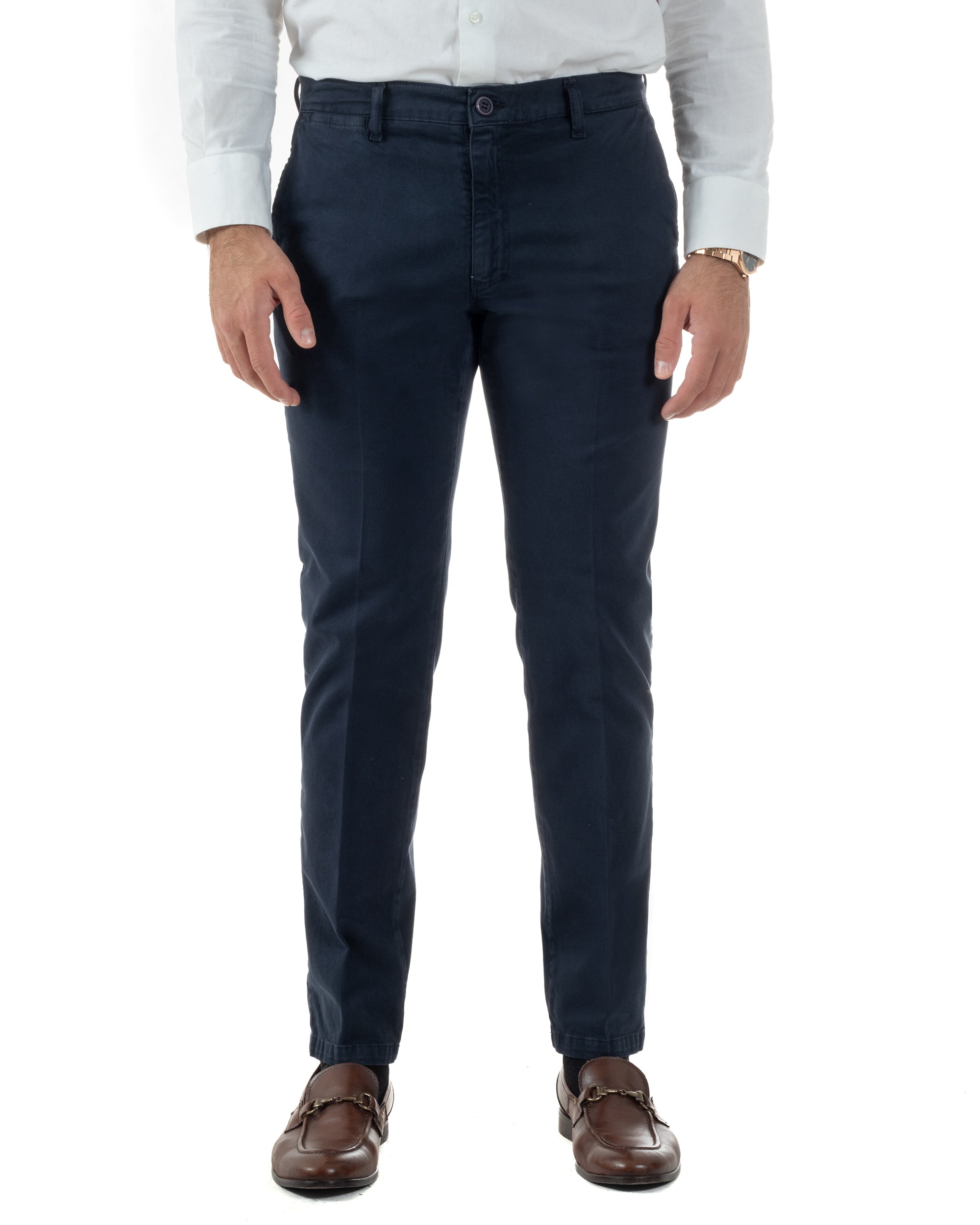 Pantaloni Uomo Chino Cotone Slim Fit Tasche America Classico Blu P6419A