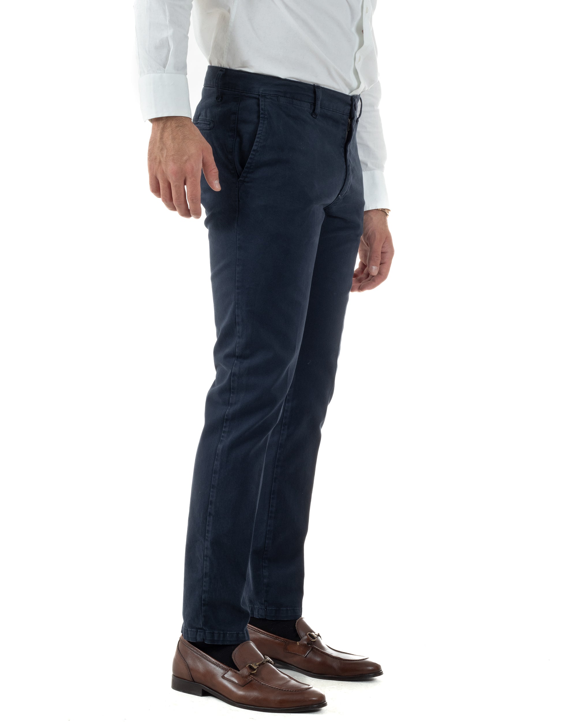Pantaloni Uomo Chino Cotone Slim Fit Tasche America Classico Blu P6419A