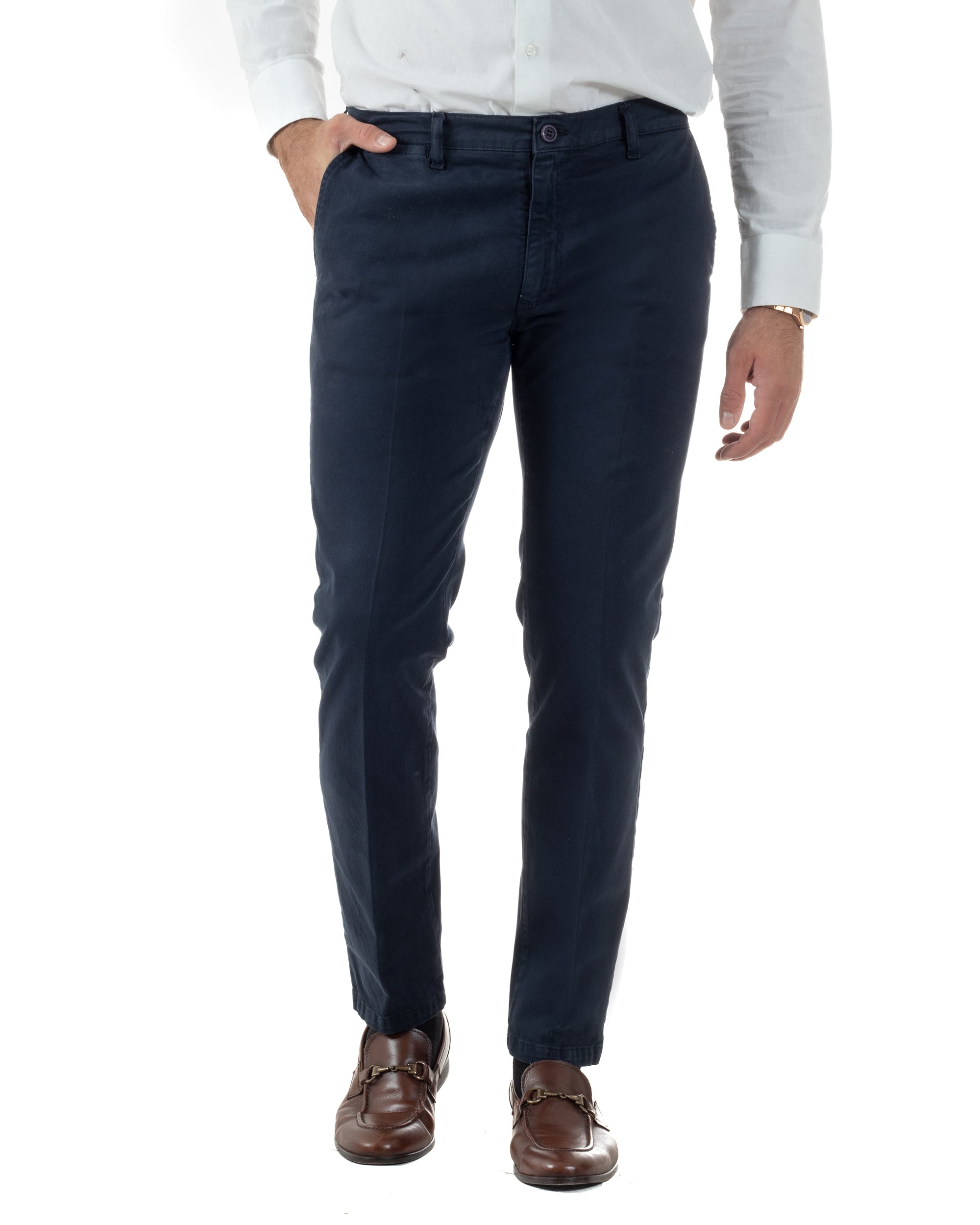 Pantaloni Uomo Chino Cotone Slim Fit Tasche America Classico Blu P6419A