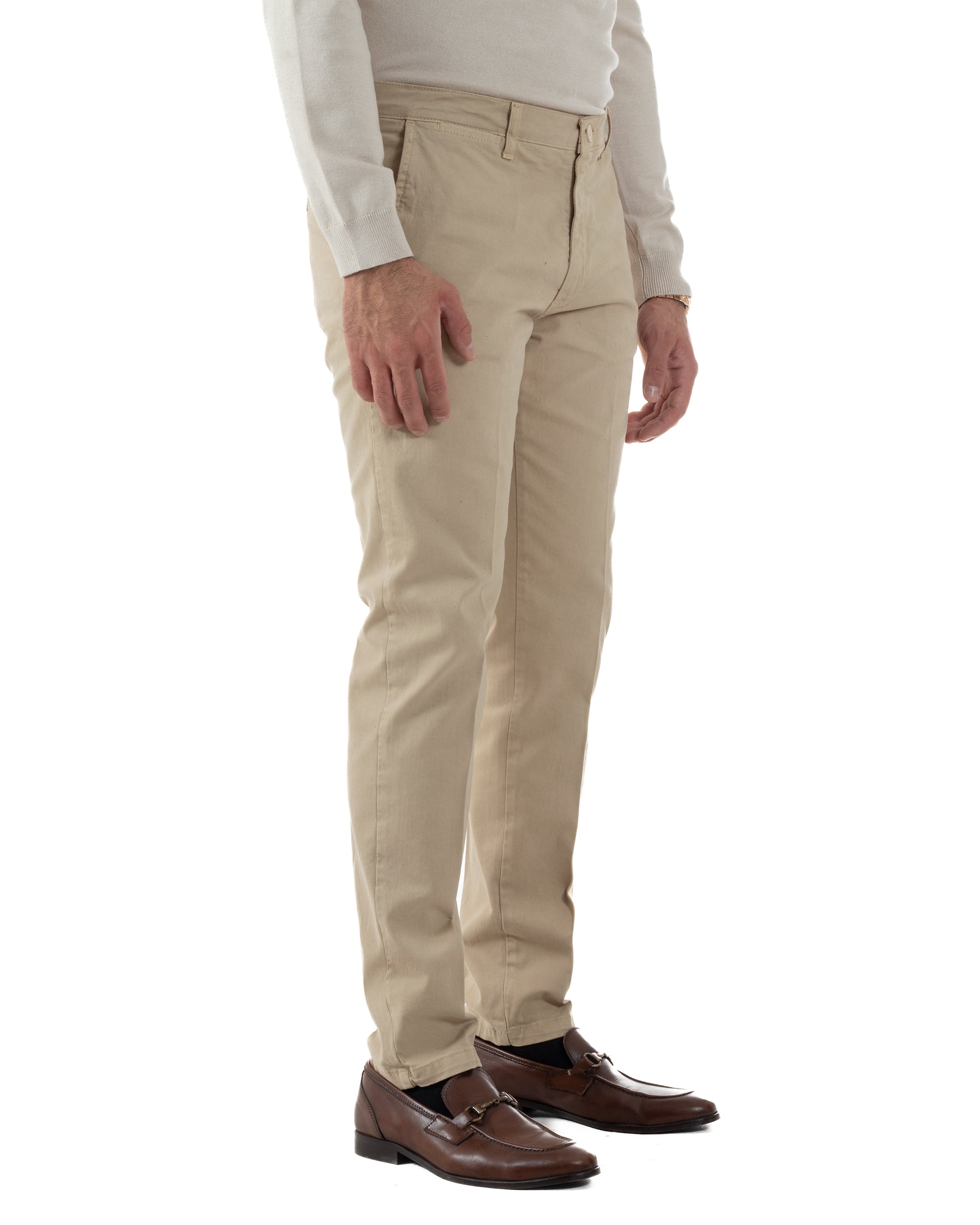 Pantaloni Uomo Chino Cotone Slim Fit Tasche America Classico Beige P6420A