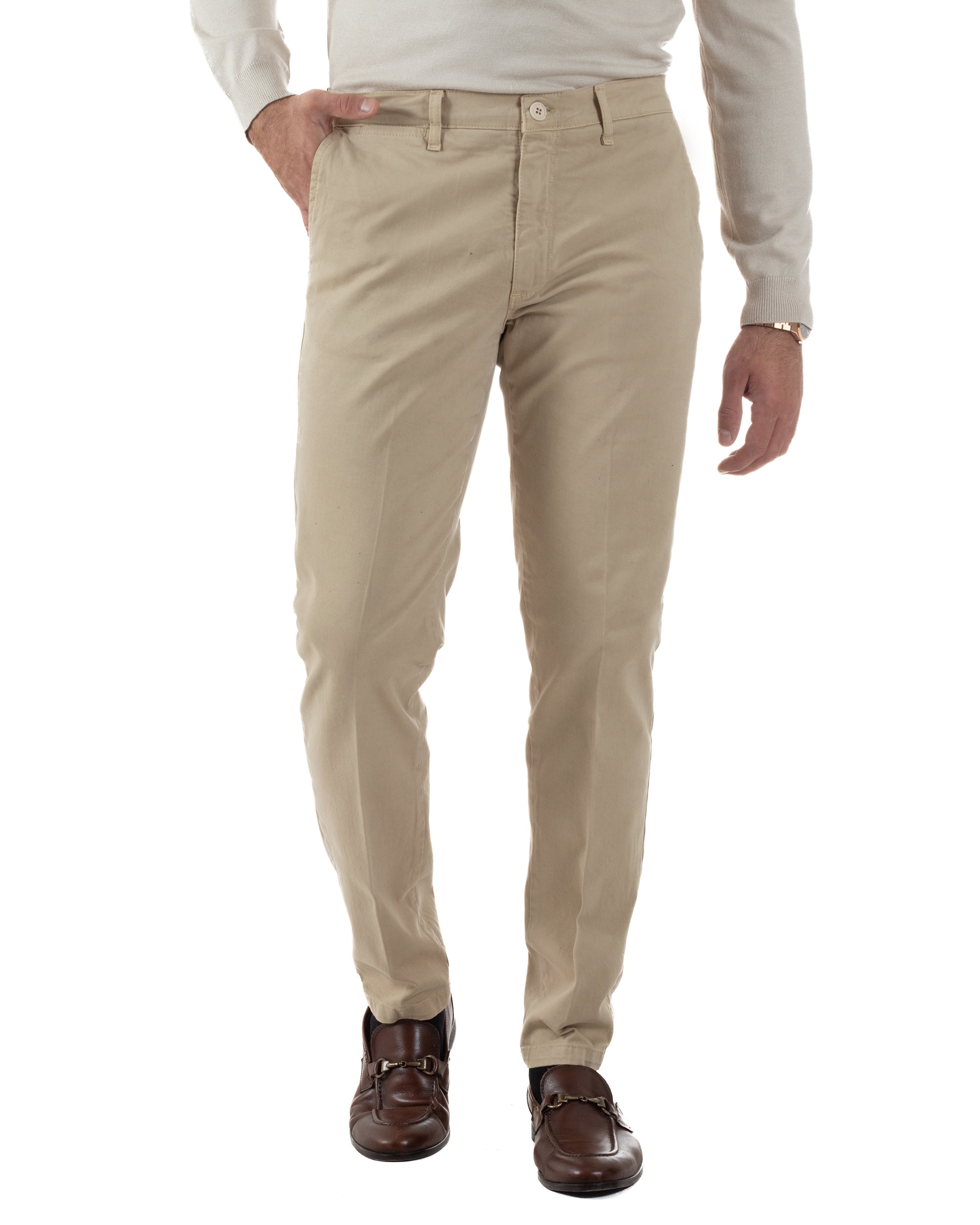 Pantaloni Uomo Chino Cotone Slim Fit Tasche America Classico Beige P6420A