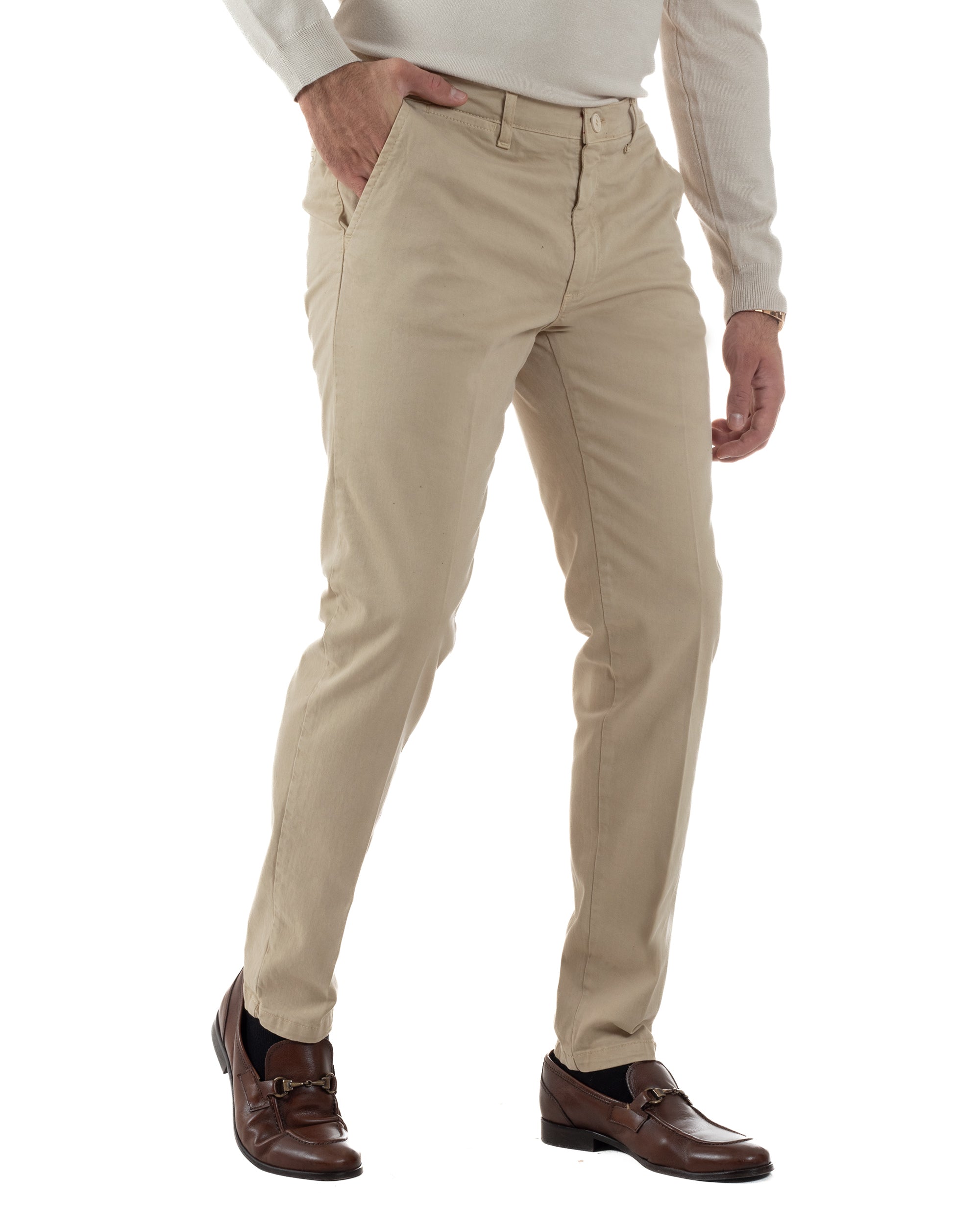 Pantaloni Uomo Chino Cotone Slim Fit Tasche America Classico Beige P6420A