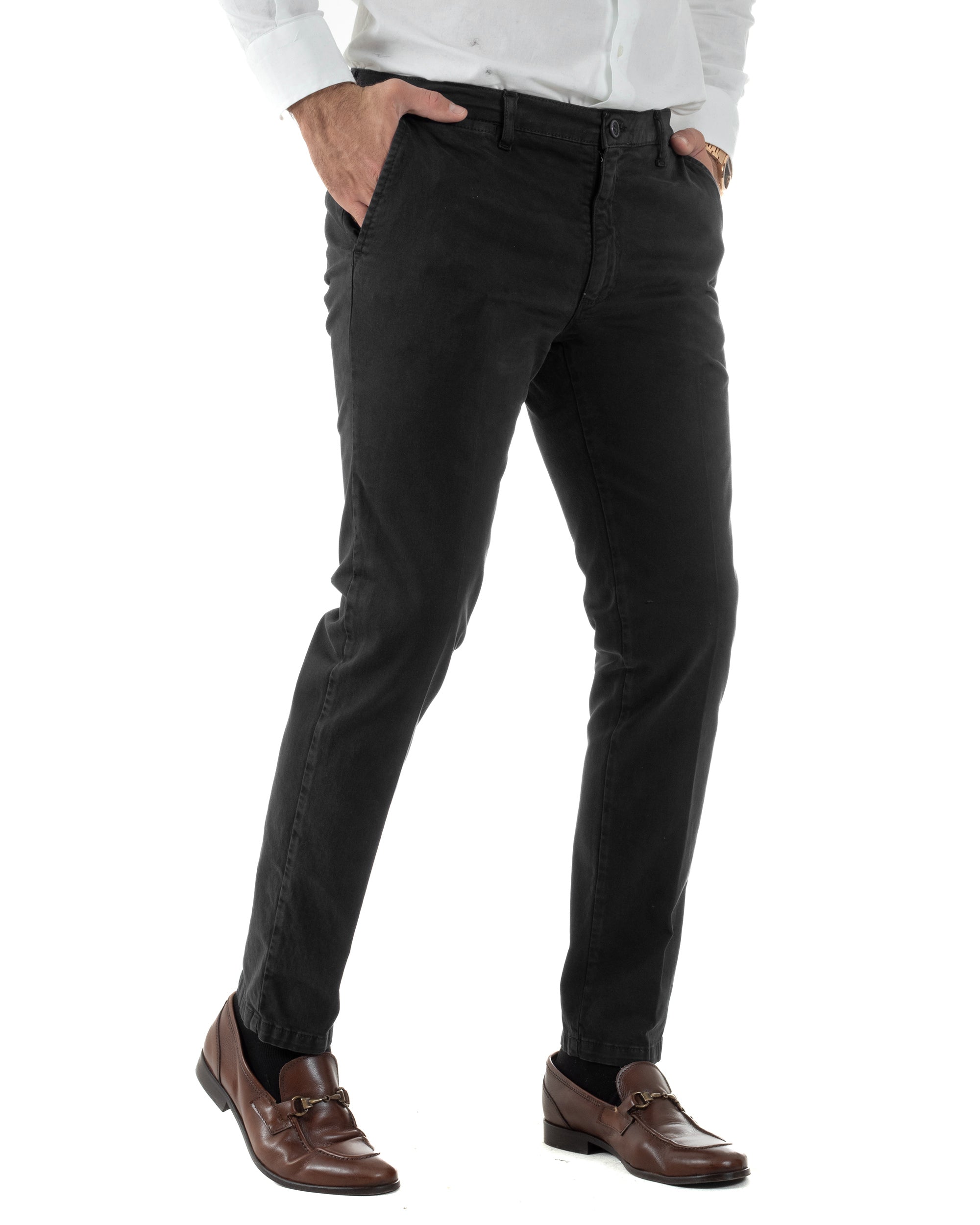 Pantaloni Uomo Chino Cotone Slim Fit Tasche America Classico Nero P6421A