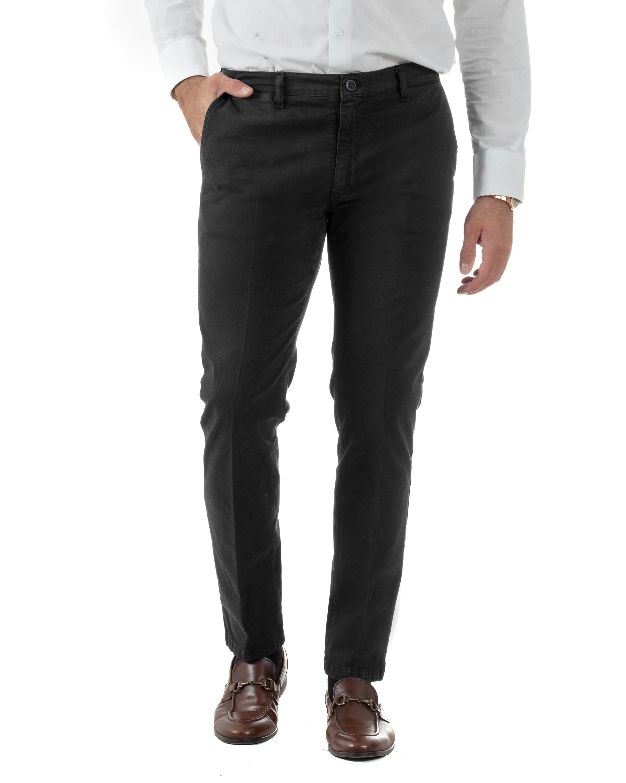 Pantaloni Uomo Chino Cotone Slim Fit Tasche America Classico Nero P6421A