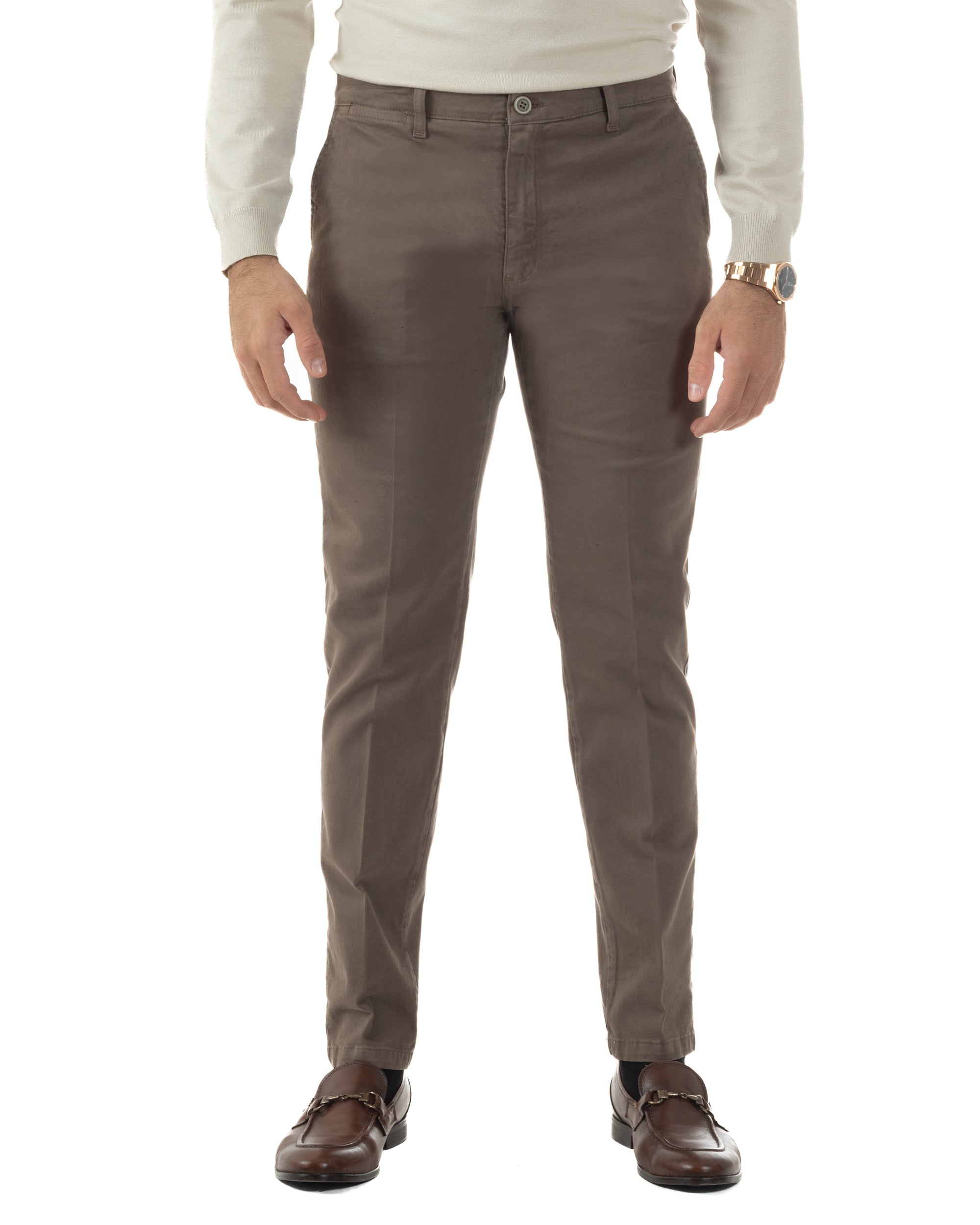 Pantaloni Uomo Chino Cotone Slim Fit Tasche America Classico Fango P6422A