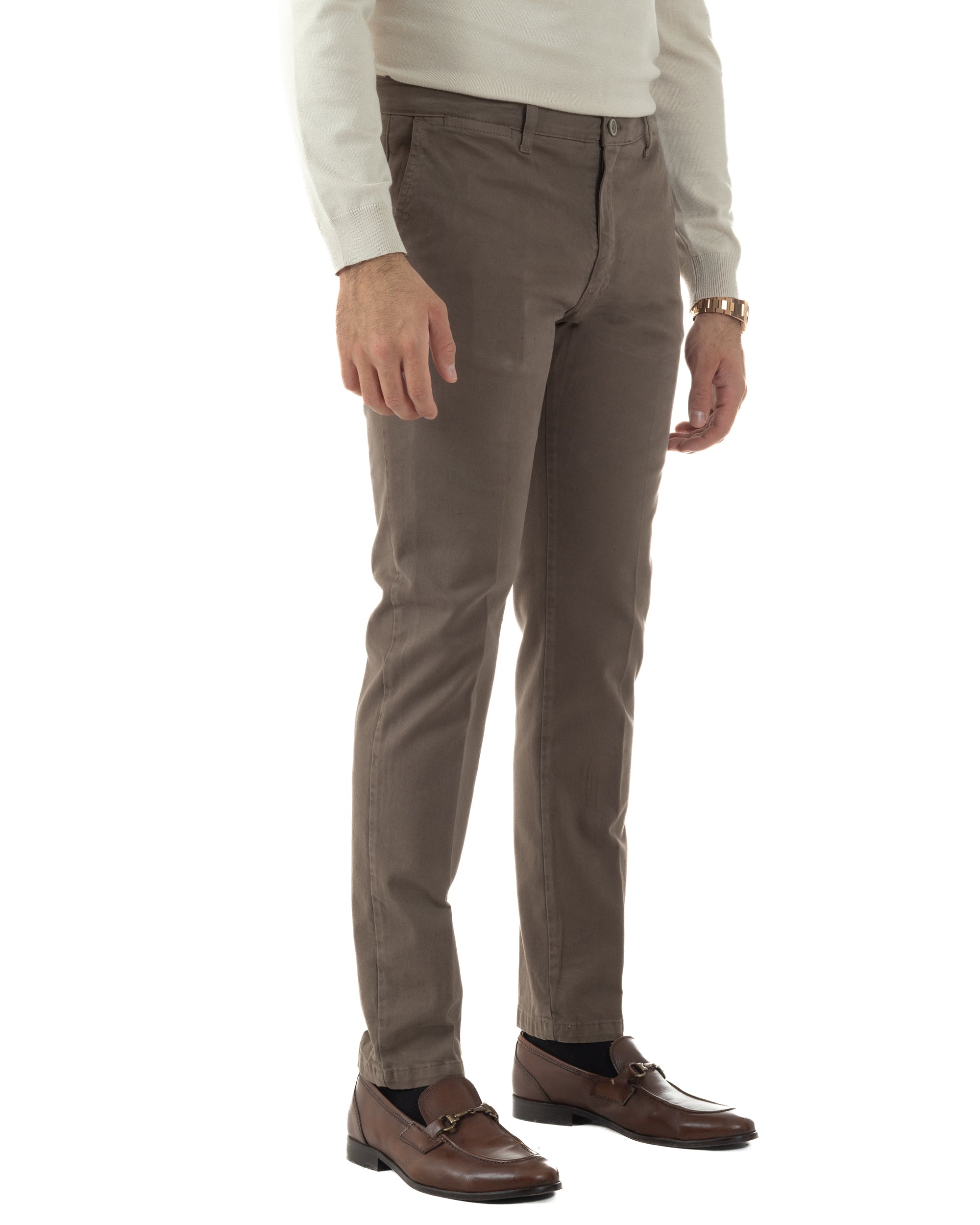 Pantaloni Uomo Chino Cotone Slim Fit Tasche America Classico Fango P6422A