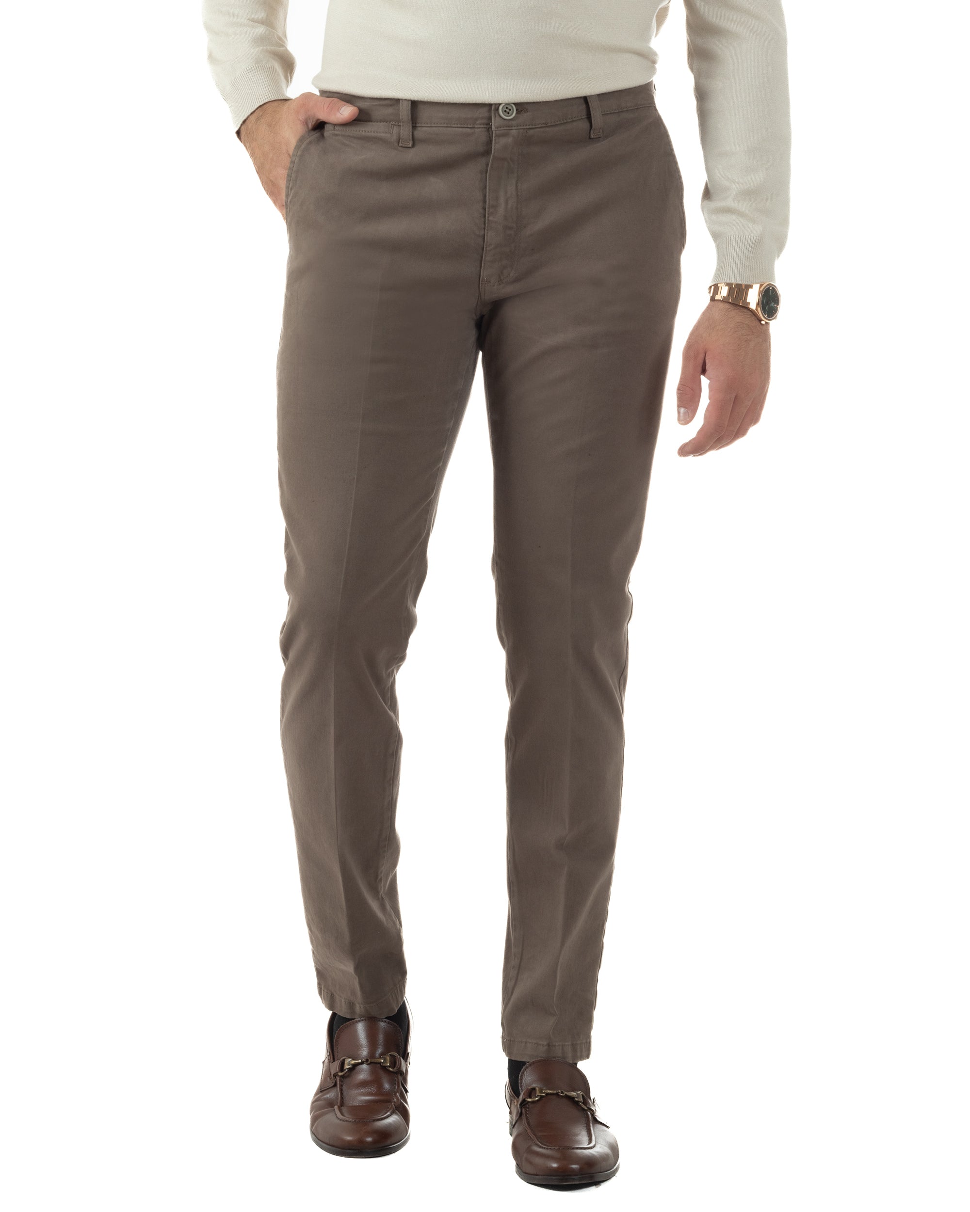 Pantaloni Uomo Chino Cotone Slim Fit Tasche America Classico Fango P6422A