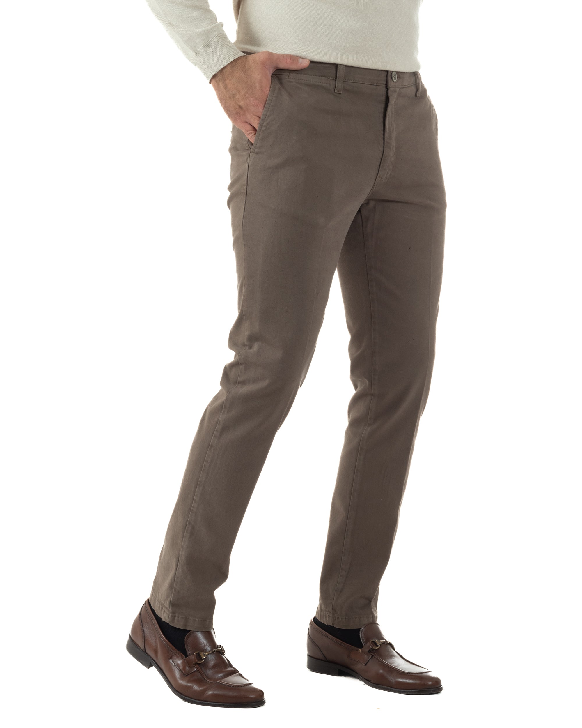 Pantaloni Uomo Chino Cotone Slim Fit Tasche America Classico Fango P6422A