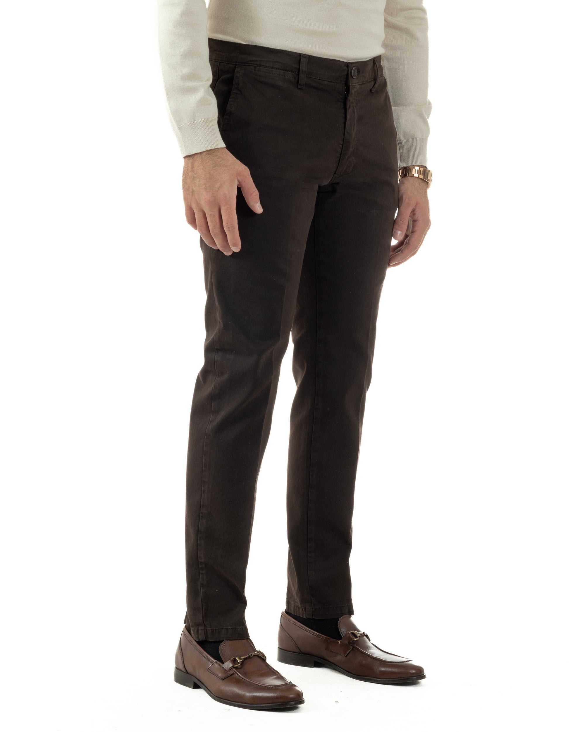 Pantaloni Uomo Chino Cotone Slim Fit Tasche America Classico Marrone P6423A