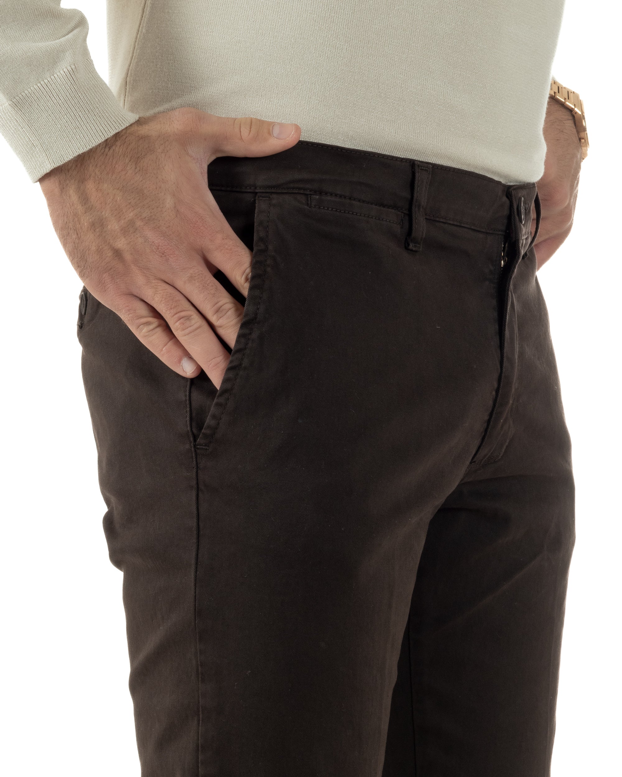Pantaloni Uomo Chino Cotone Slim Fit Tasche America Classico Marrone P6423A