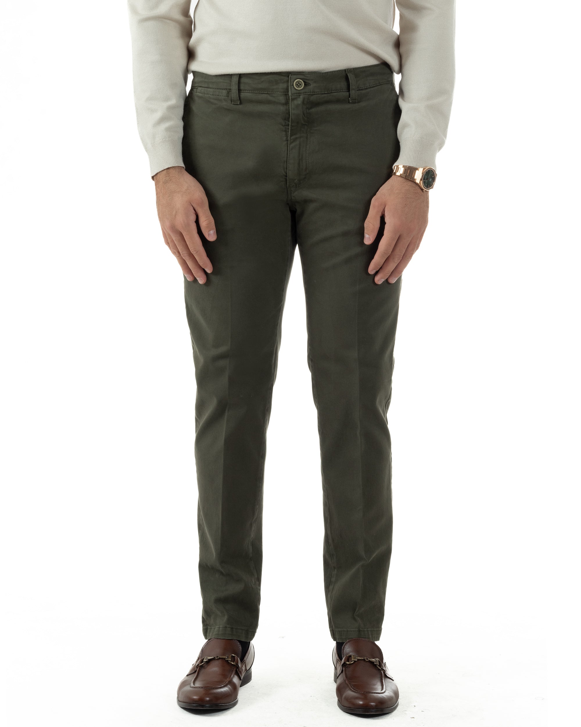 Pantaloni Uomo Chino Cotone Slim Fit Tasche America Classico Verde P6424A