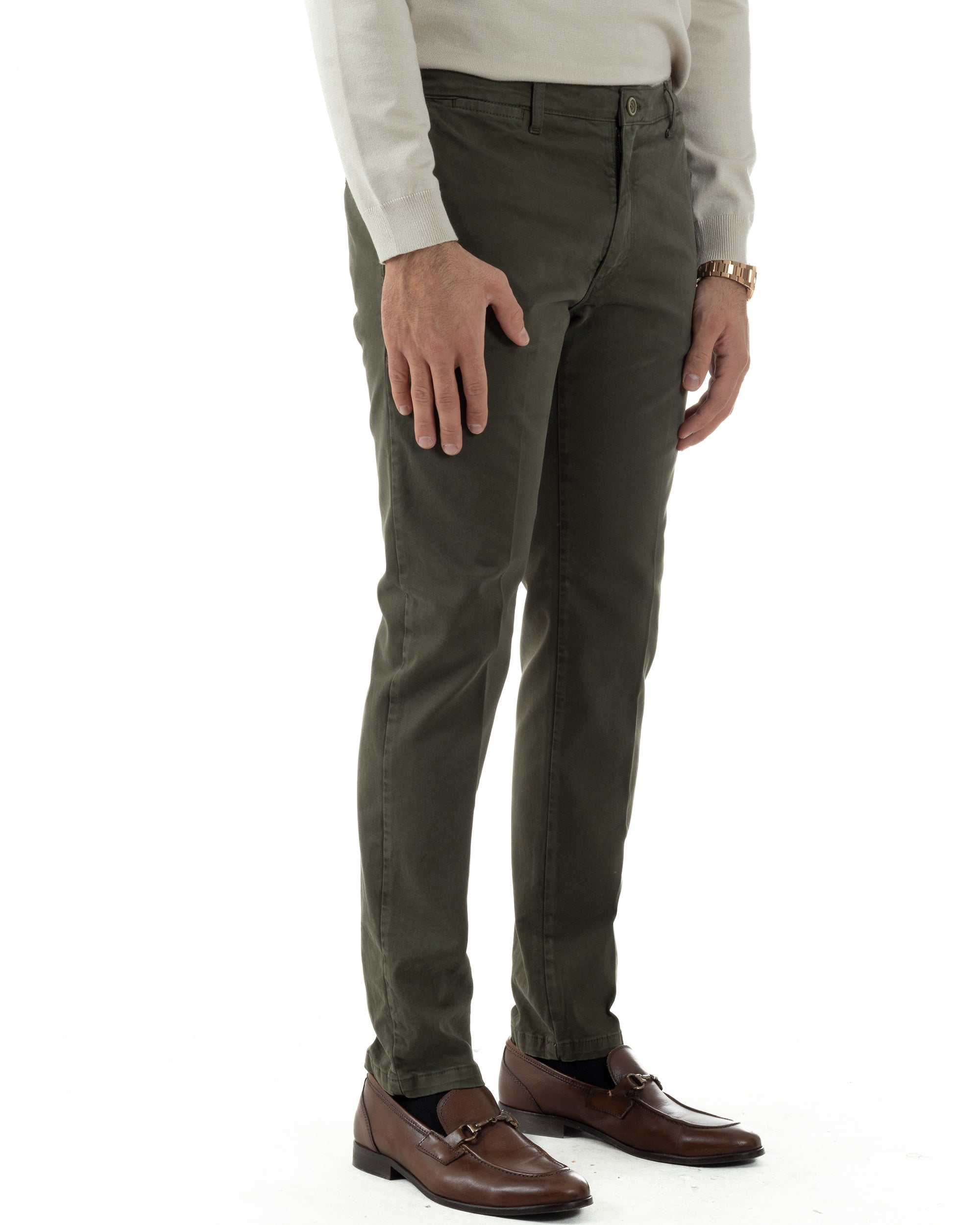 Pantaloni Uomo Chino Cotone Slim Fit Tasche America Classico Verde P6424A