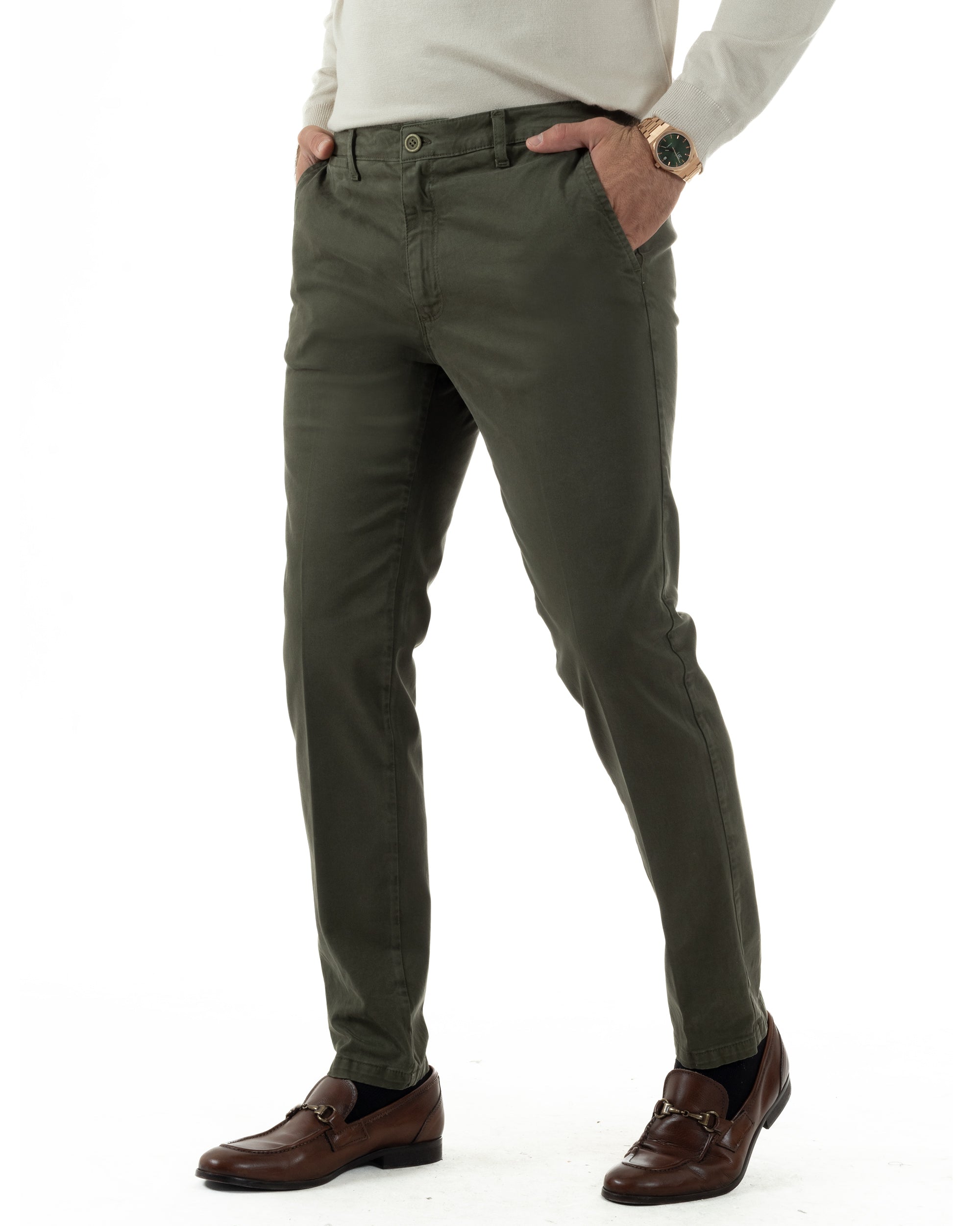 Pantaloni Uomo Chino Cotone Slim Fit Tasche America Classico Verde P6424A