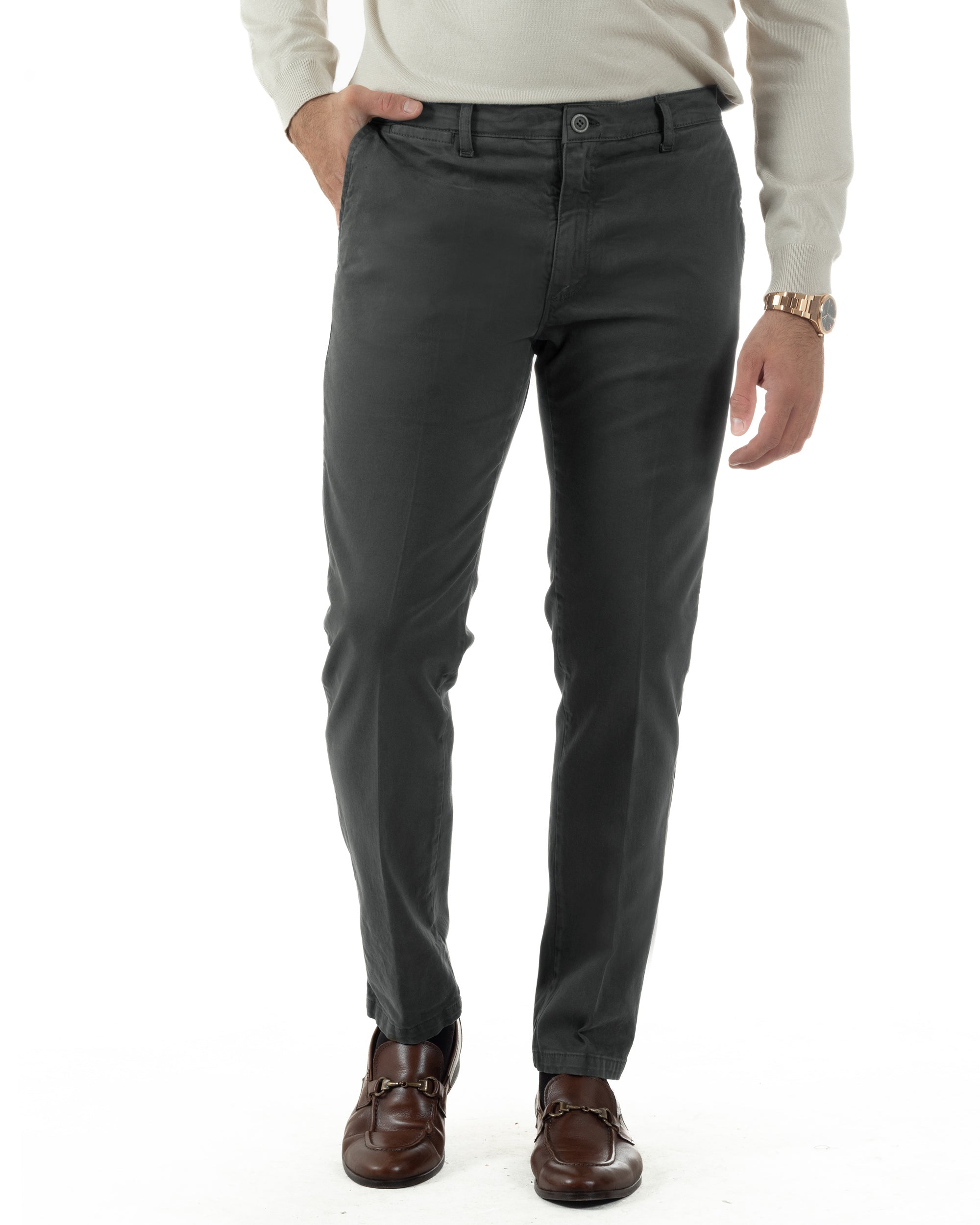Pantaloni Uomo Chino Cotone Slim Fit Tasche America Classico Grigio P6425A