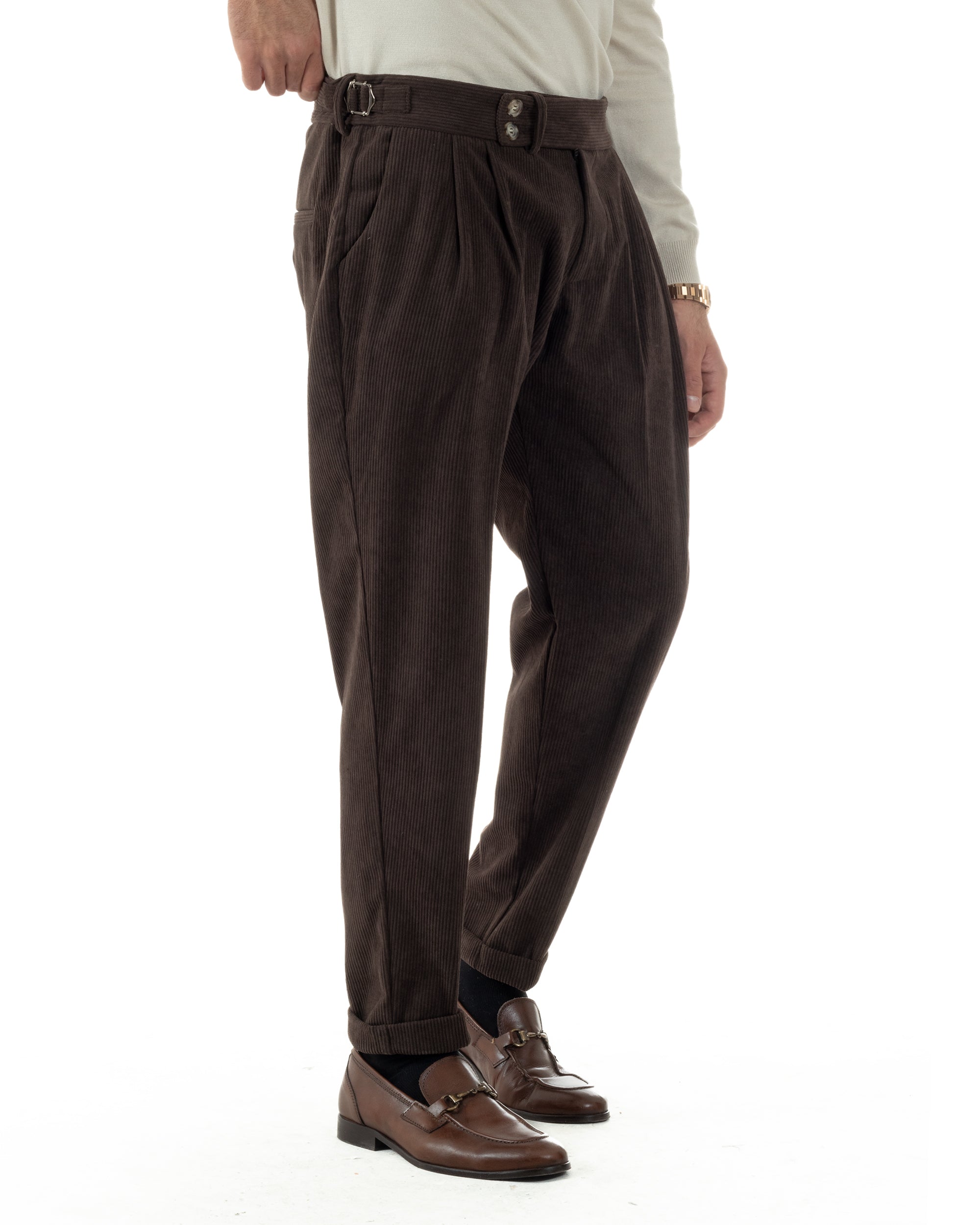 Pantaloni Uomo Velluto Costine Vita Alta Gurkha Pants Abbottonatura Allungata Fibbie Marrone BlackSunday P6426A
