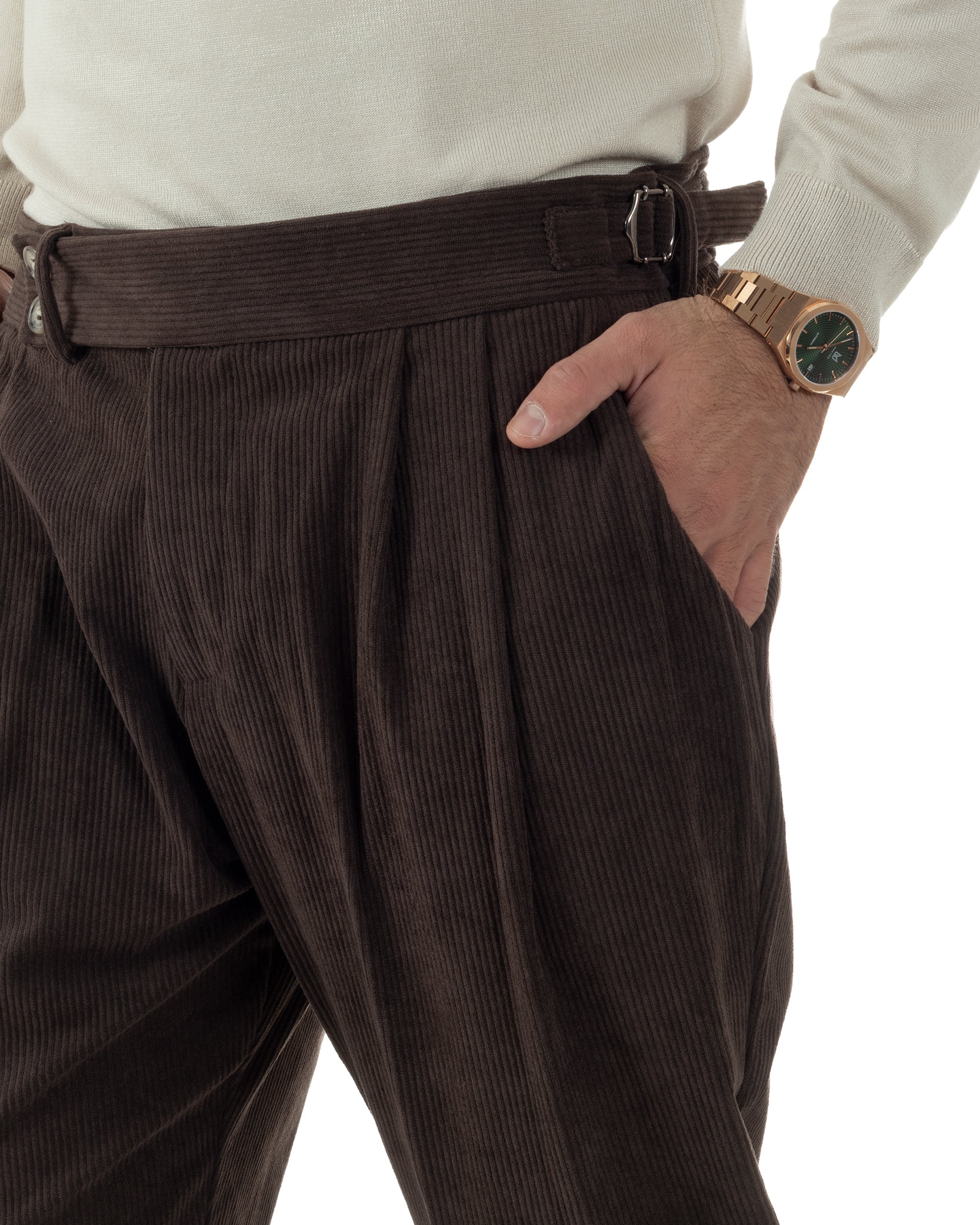 Pantaloni Uomo Velluto Costine Vita Alta Gurkha Pants Abbottonatura Allungata Fibbie Marrone BlackSunday P6426A