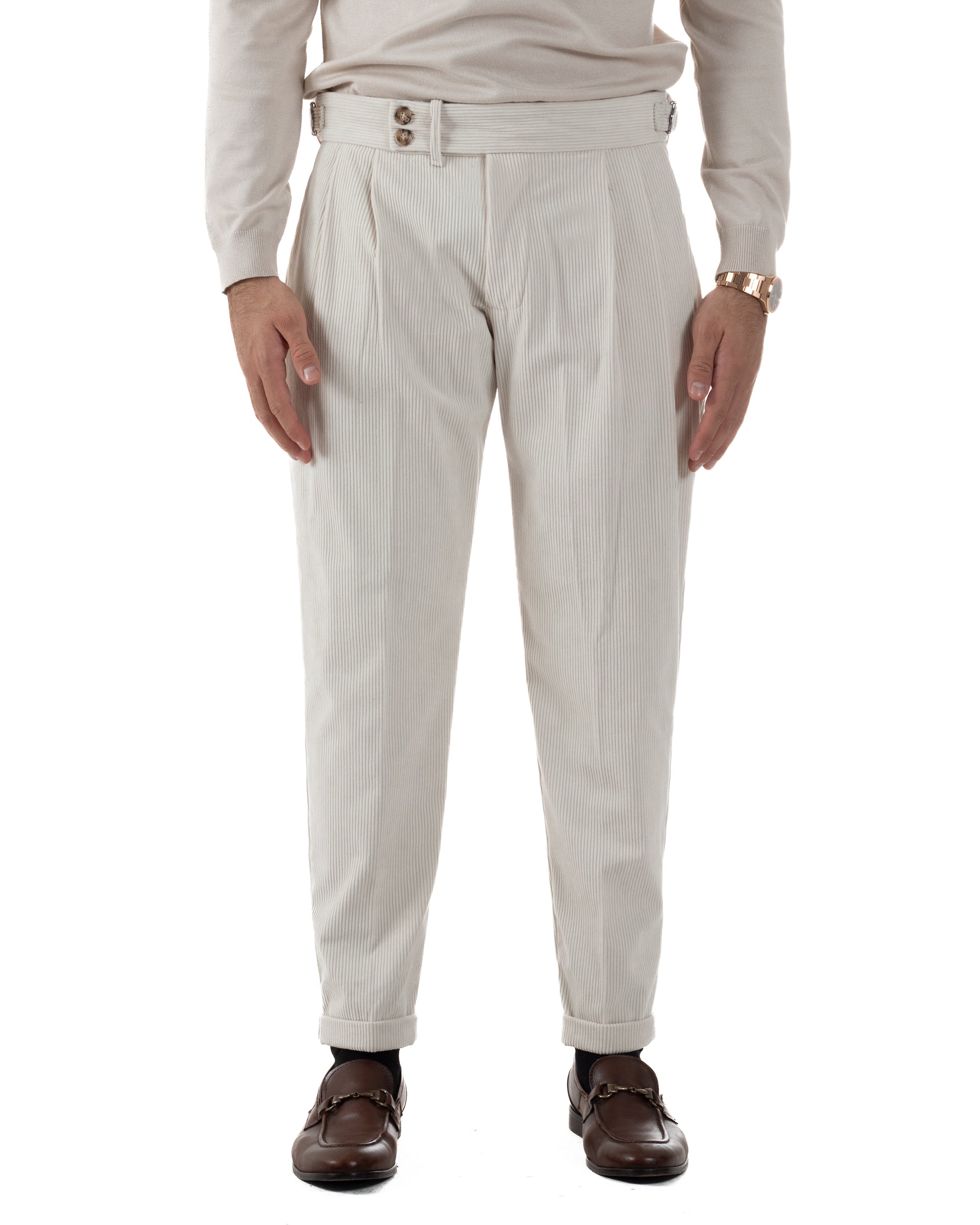 Pantaloni Uomo Velluto Costine Vita Alta Gurkha Pants Abbottonatura Allungata Fibbie Panna BlackSunday P6427A