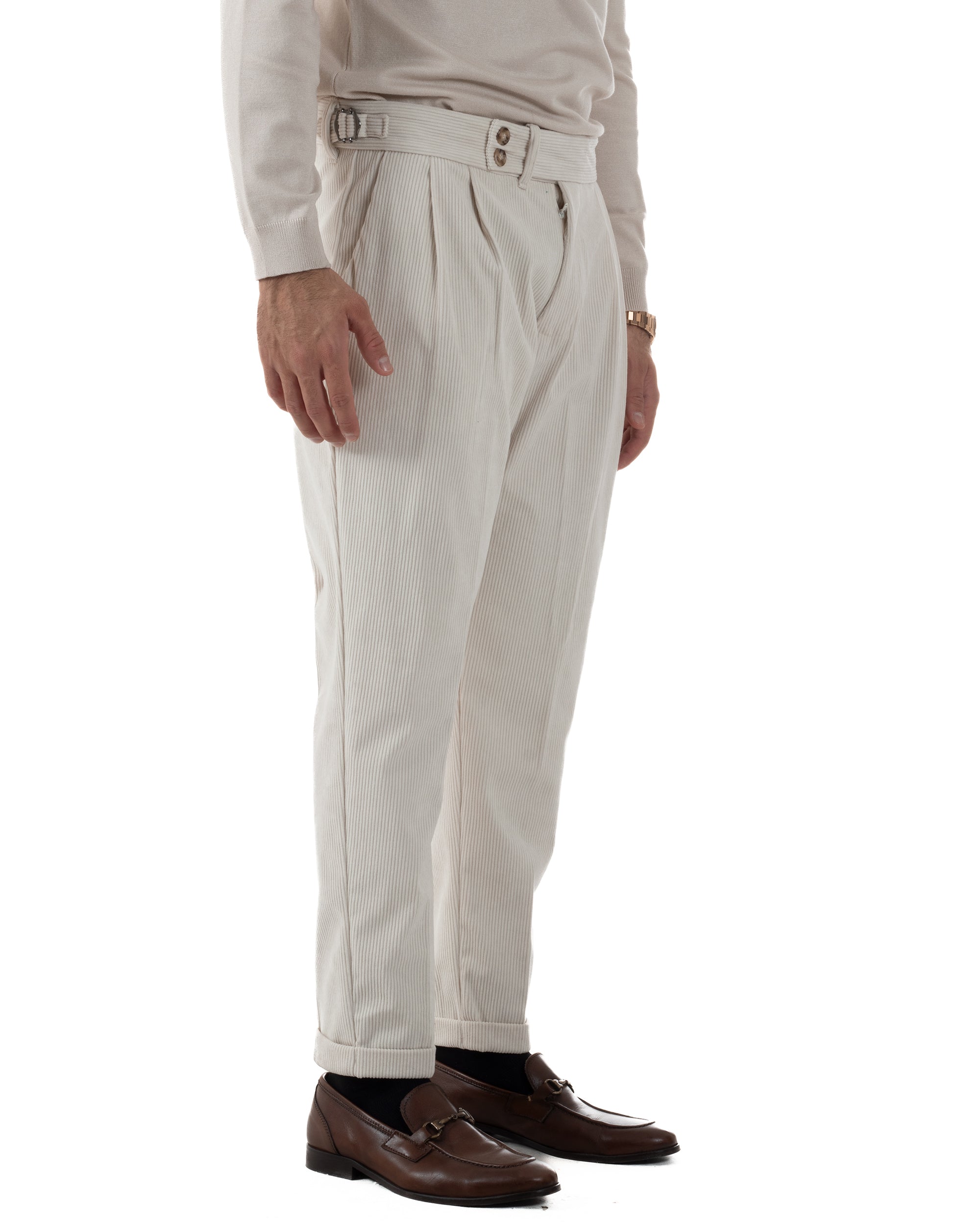 Pantaloni Uomo Velluto Costine Vita Alta Gurkha Pants Abbottonatura Allungata Fibbie Panna BlackSunday P6427A