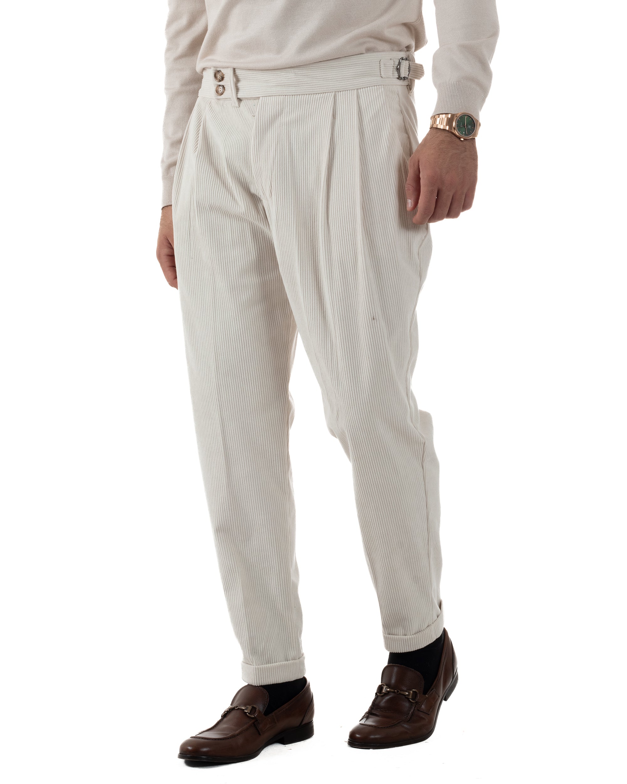 Pantaloni Uomo Velluto Costine Vita Alta Gurkha Pants Abbottonatura Allungata Fibbie Panna BlackSunday P6427A