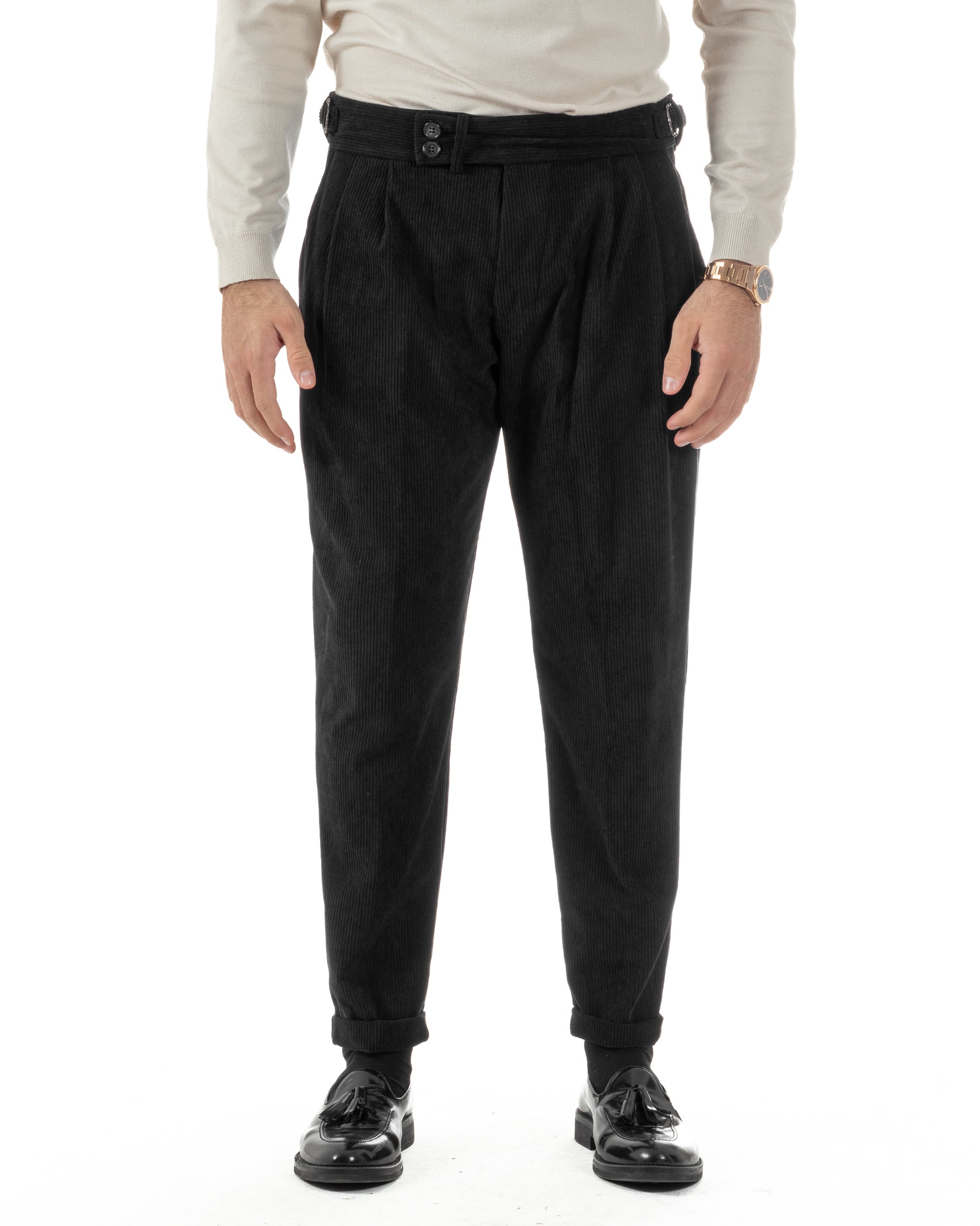 Pantaloni Uomo Velluto Costine Vita Alta Gurkha Pants Abbottonatura Allungata Fibbie Nero BlackSunday P6428A