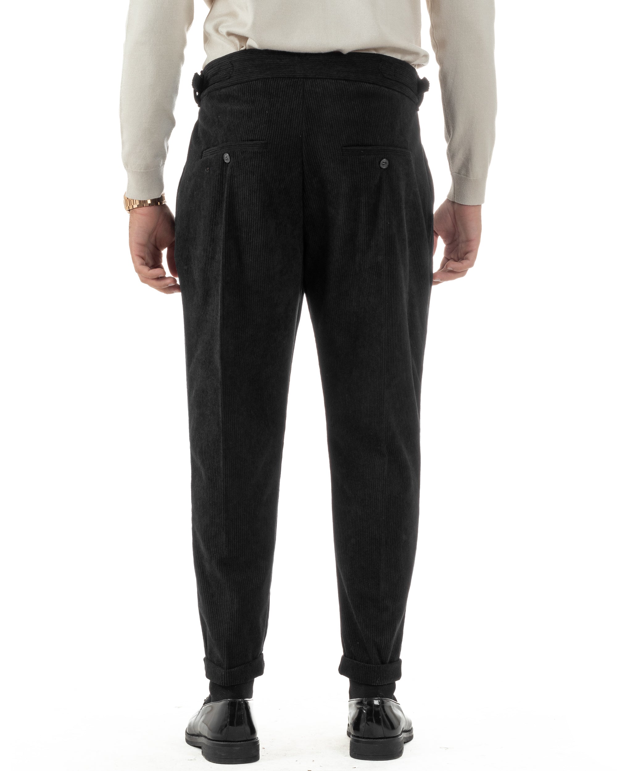 Pantaloni Uomo Velluto Costine Vita Alta Gurkha Pants Abbottonatura Allungata Fibbie Nero BlackSunday P6428A