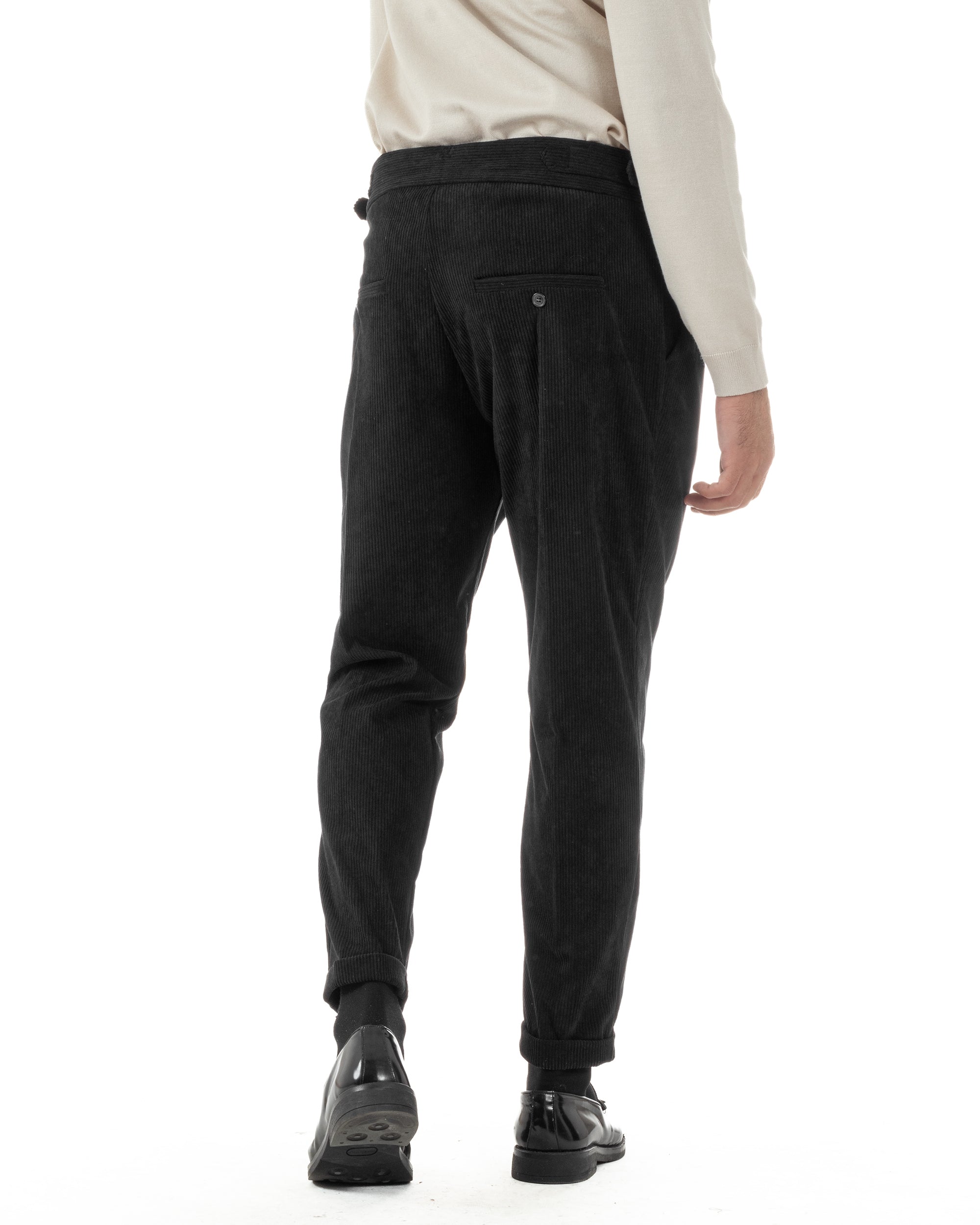 Pantaloni Uomo Velluto Costine Vita Alta Gurkha Pants Abbottonatura Allungata Fibbie Nero BlackSunday P6428A