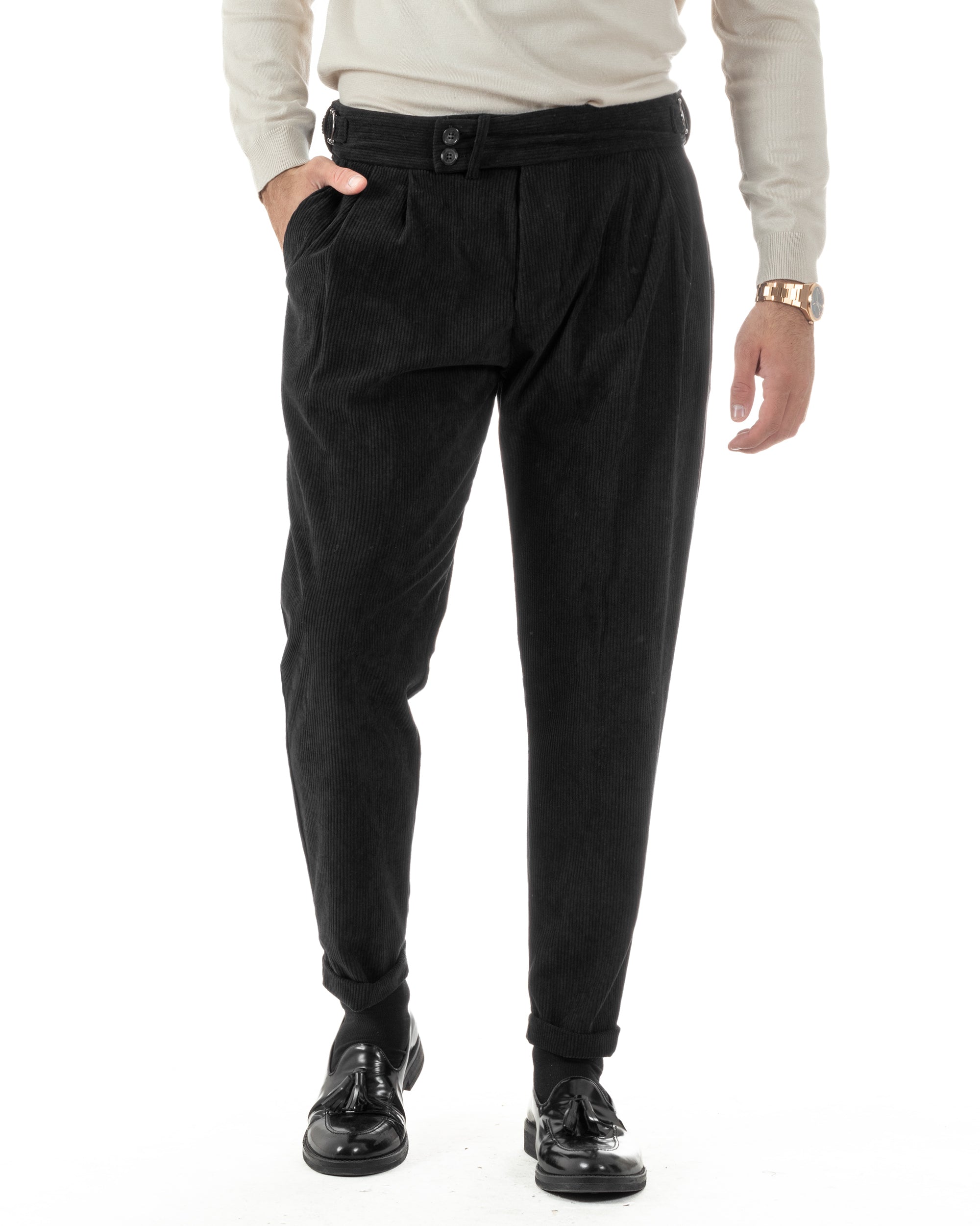 Pantaloni Uomo Velluto Costine Vita Alta Gurkha Pants Abbottonatura Allungata Fibbie Nero BlackSunday P6428A