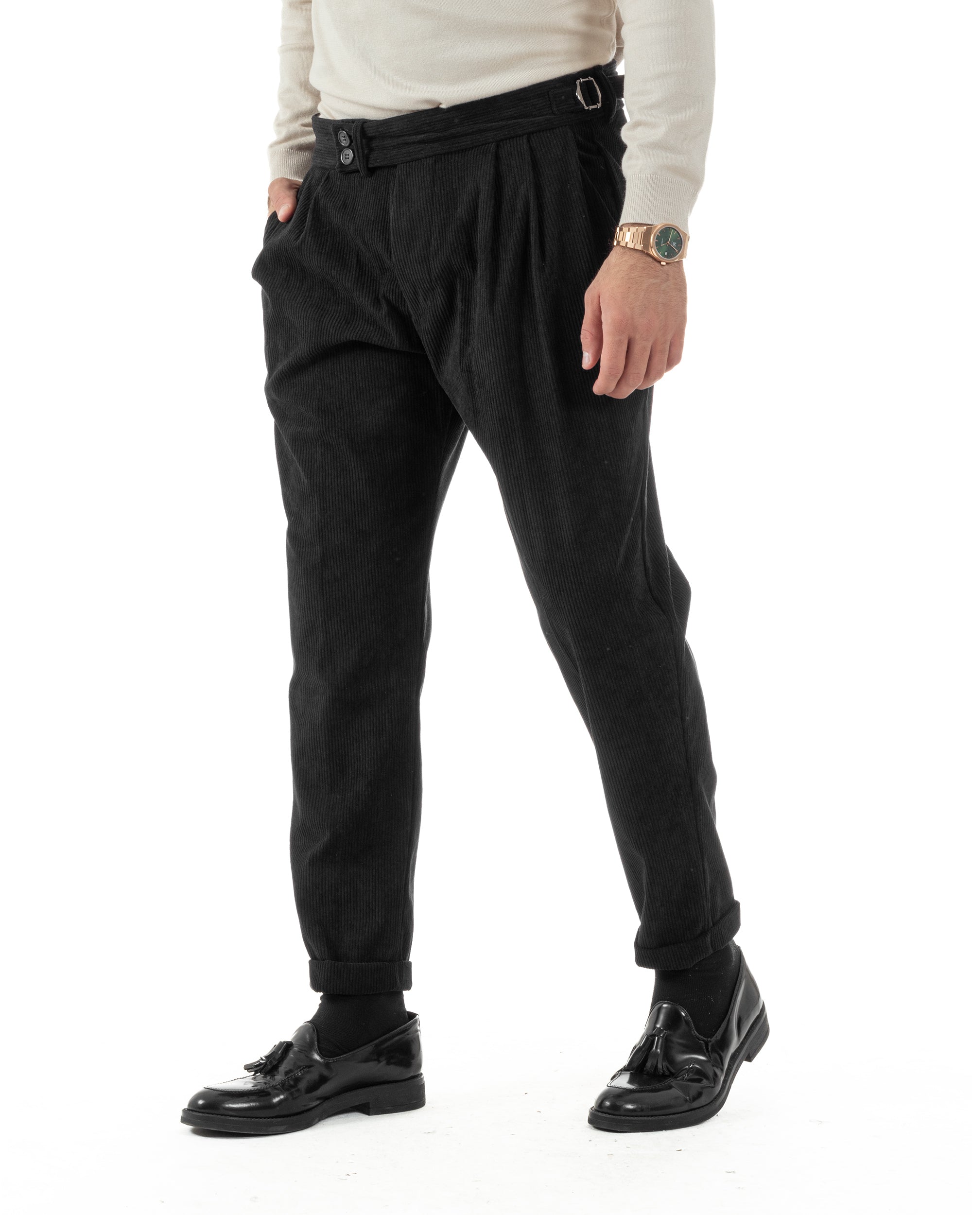 Pantaloni Uomo Velluto Costine Vita Alta Gurkha Pants Abbottonatura Allungata Fibbie Nero BlackSunday P6428A