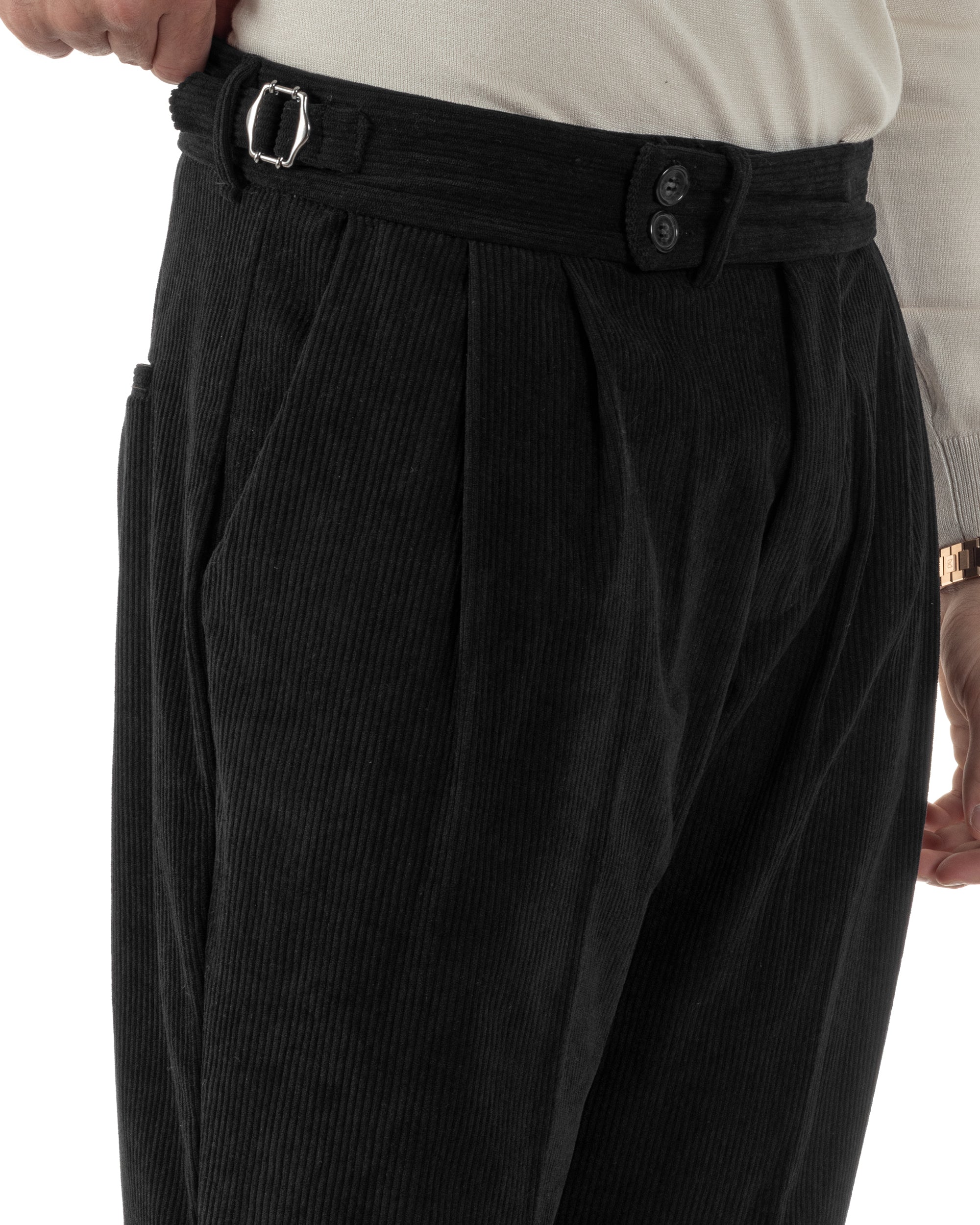 Pantaloni Uomo Velluto Costine Vita Alta Gurkha Pants Abbottonatura Allungata Fibbie Nero BlackSunday P6428A