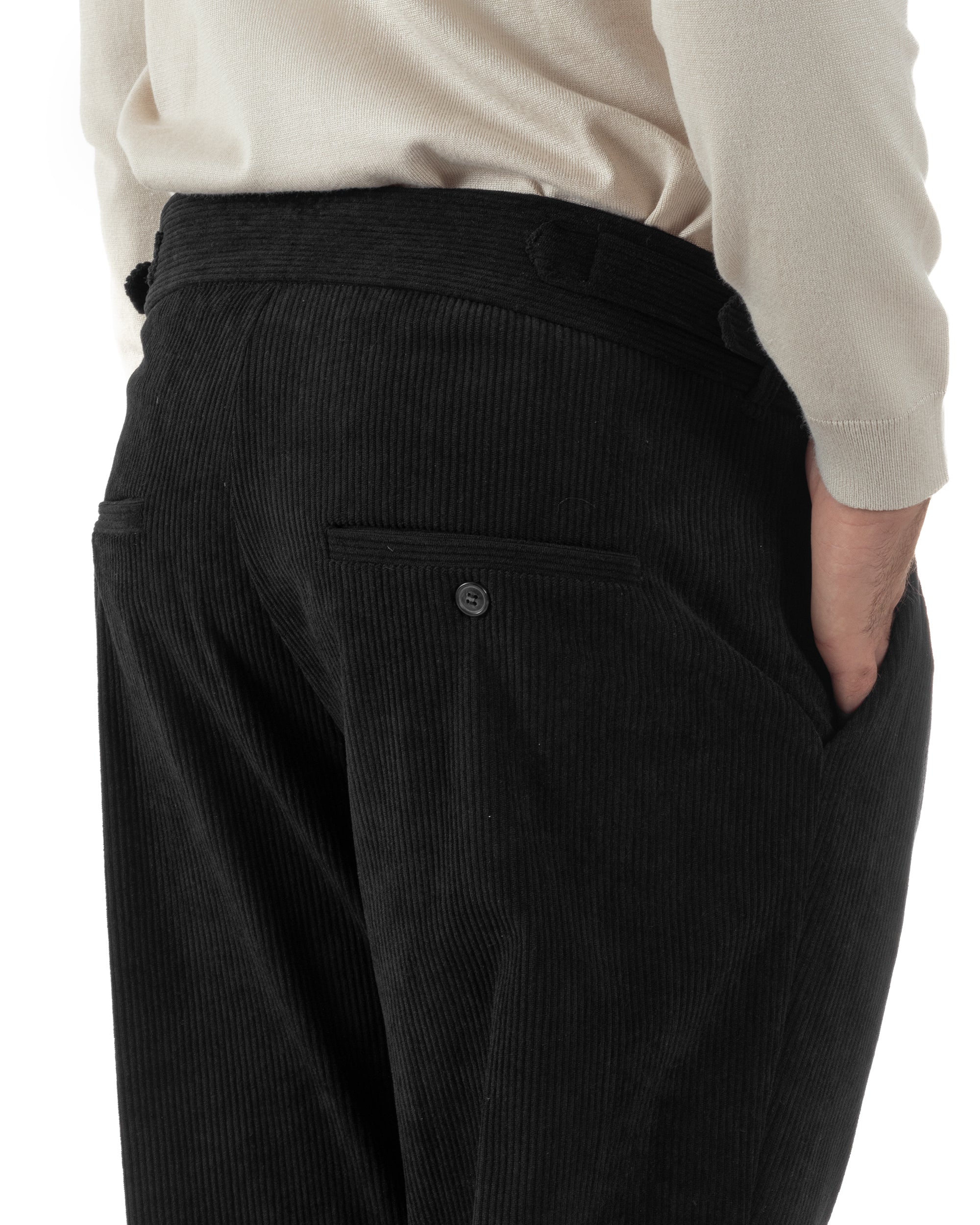 Pantaloni Uomo Velluto Costine Vita Alta Gurkha Pants Abbottonatura Allungata Fibbie Nero BlackSunday P6428A