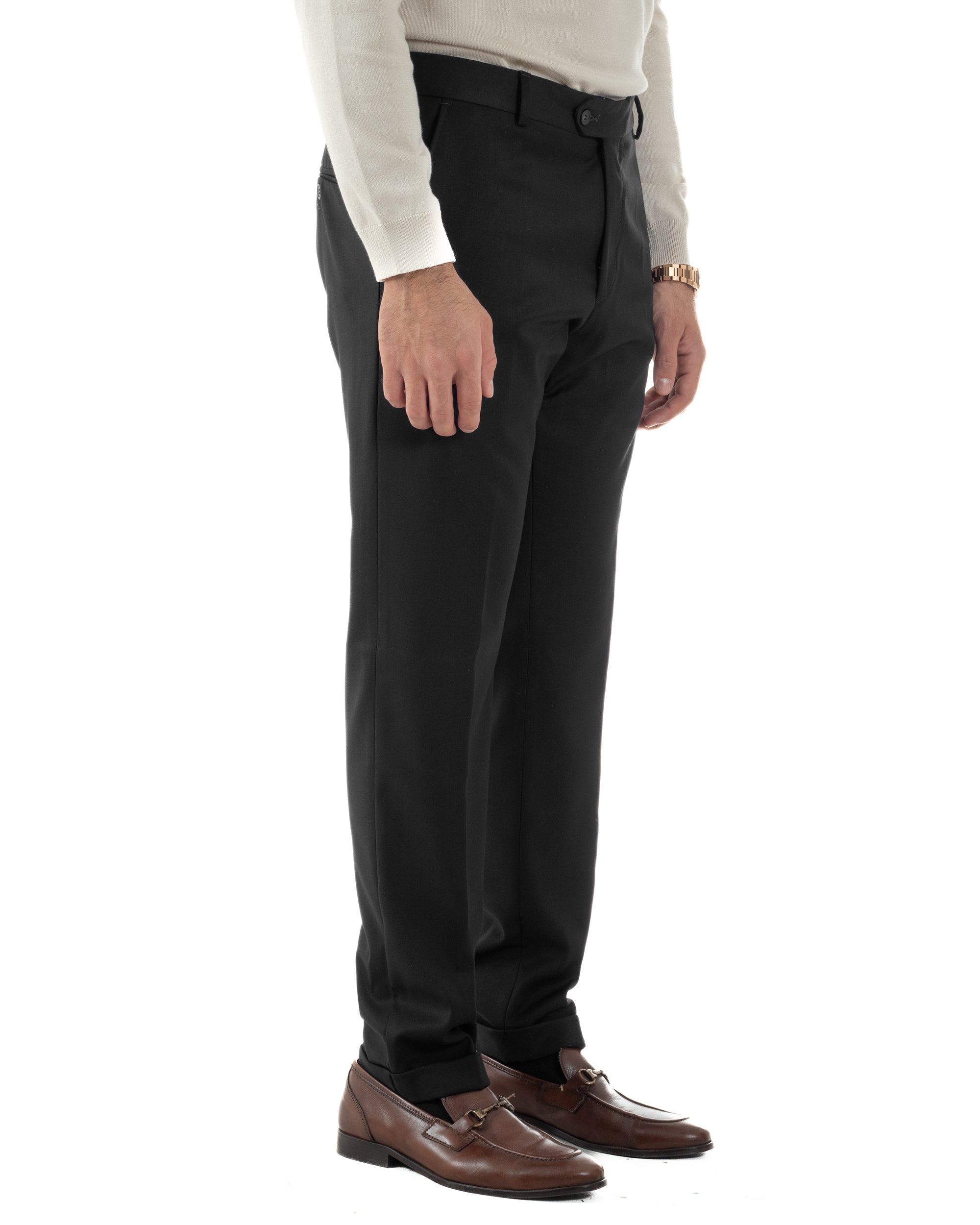Pantaloni Uomo Viscosa Abbottonatura Allungata Elegante Classico Nero P6431A