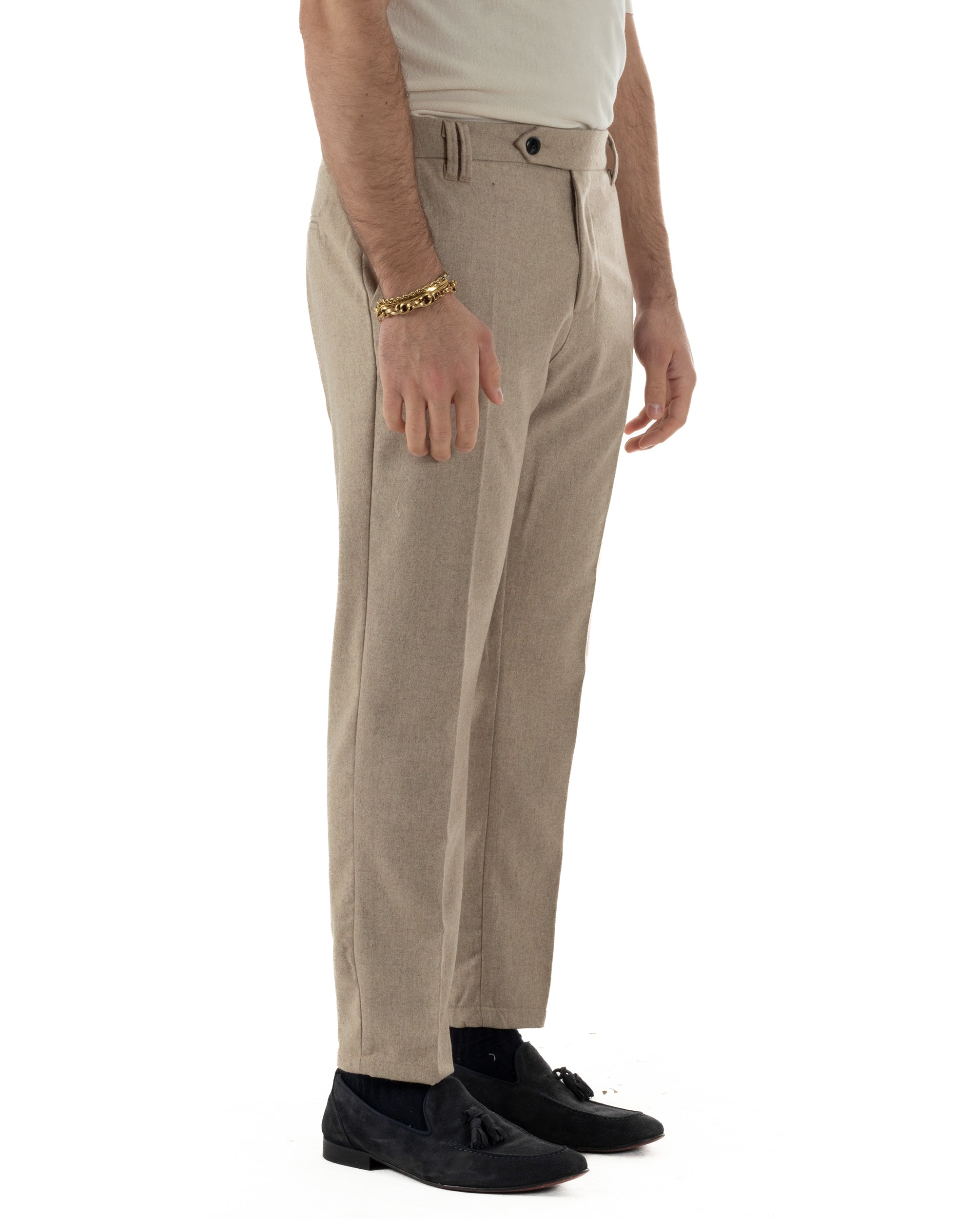 Pantaloni Uomo Lana Abbottonatura Allungata Classico Basic Beige P6433A