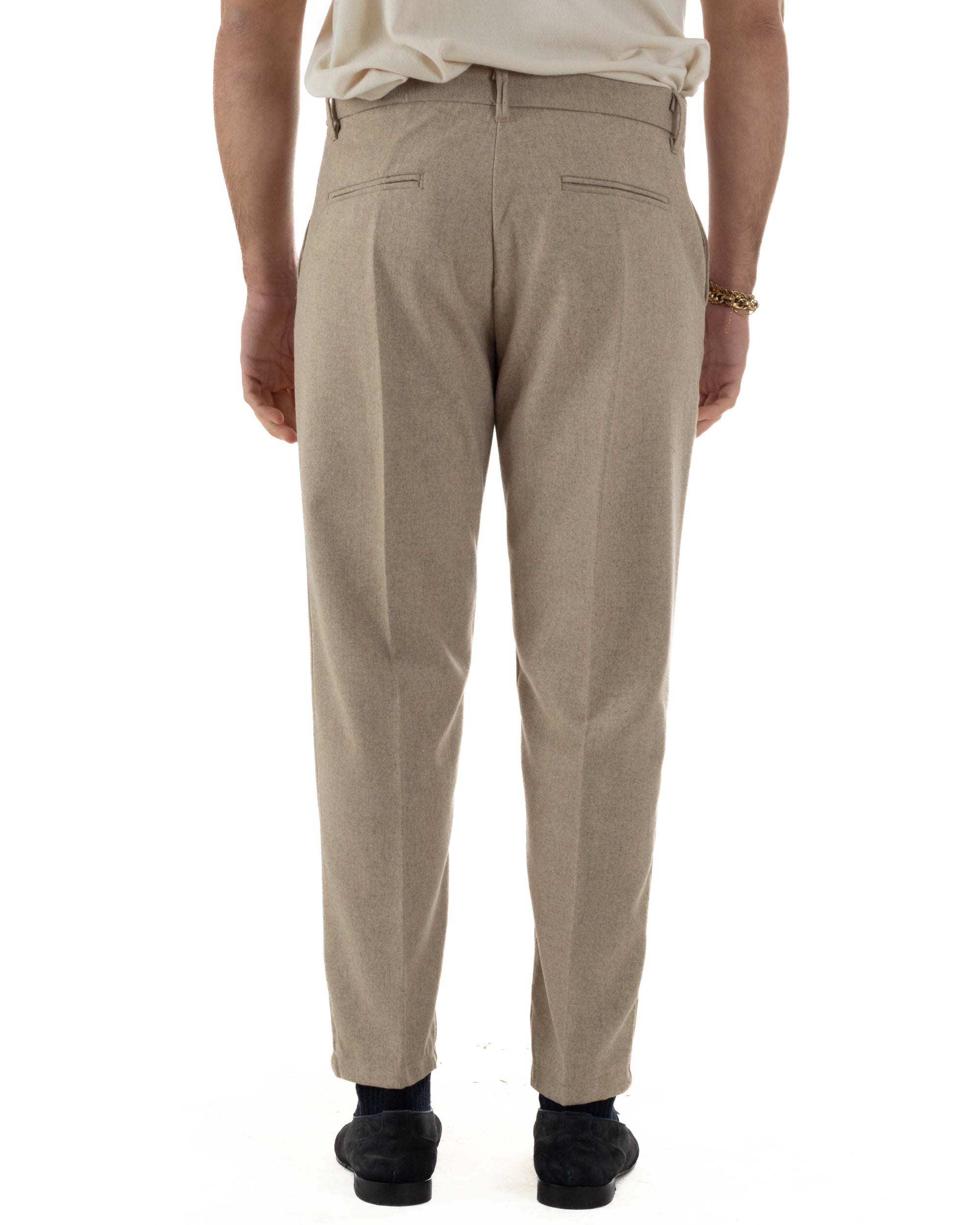 Pantaloni Uomo Lana Abbottonatura Allungata Classico Basic Beige P6433A