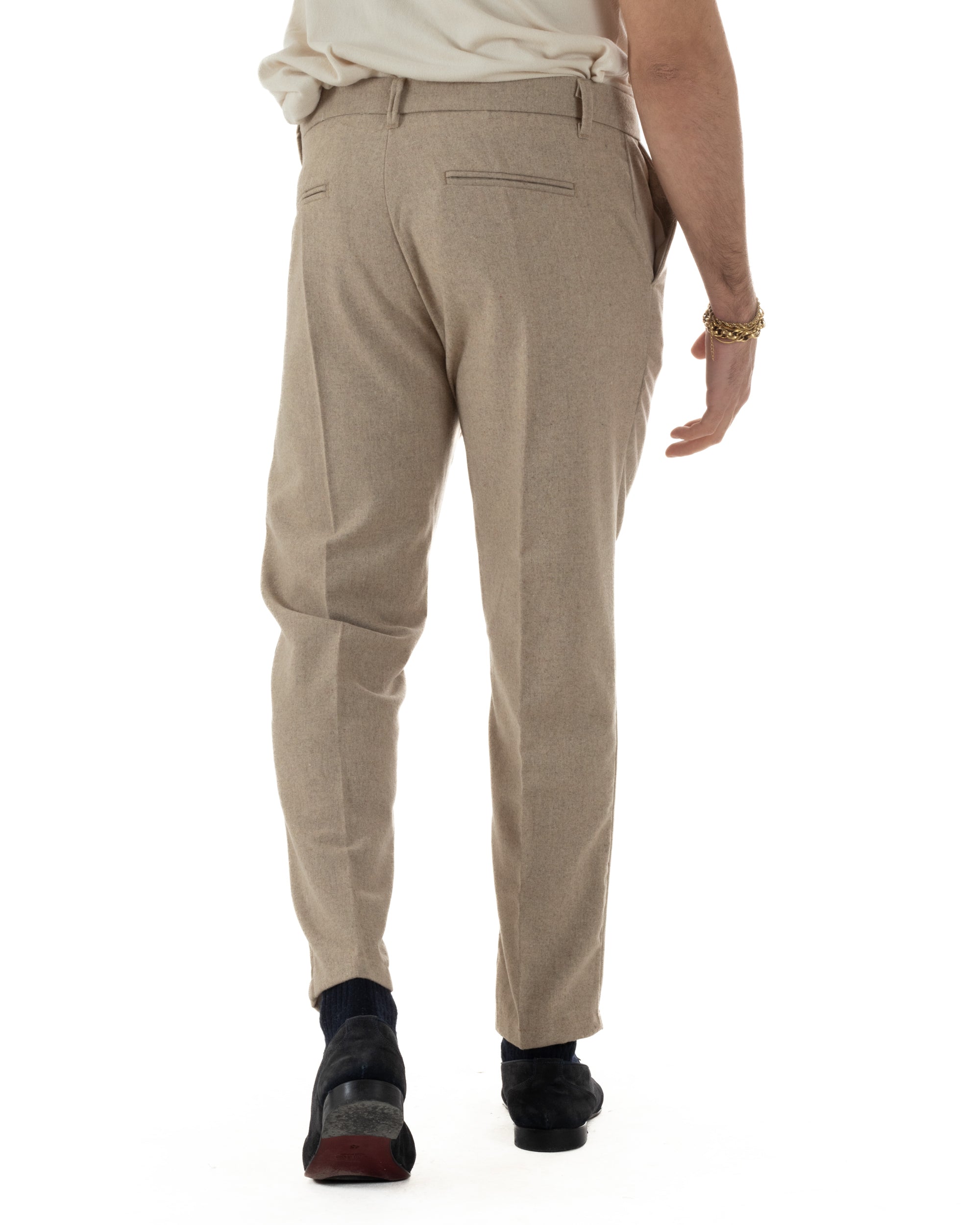 Pantaloni Uomo Lana Abbottonatura Allungata Classico Basic Beige P6433A