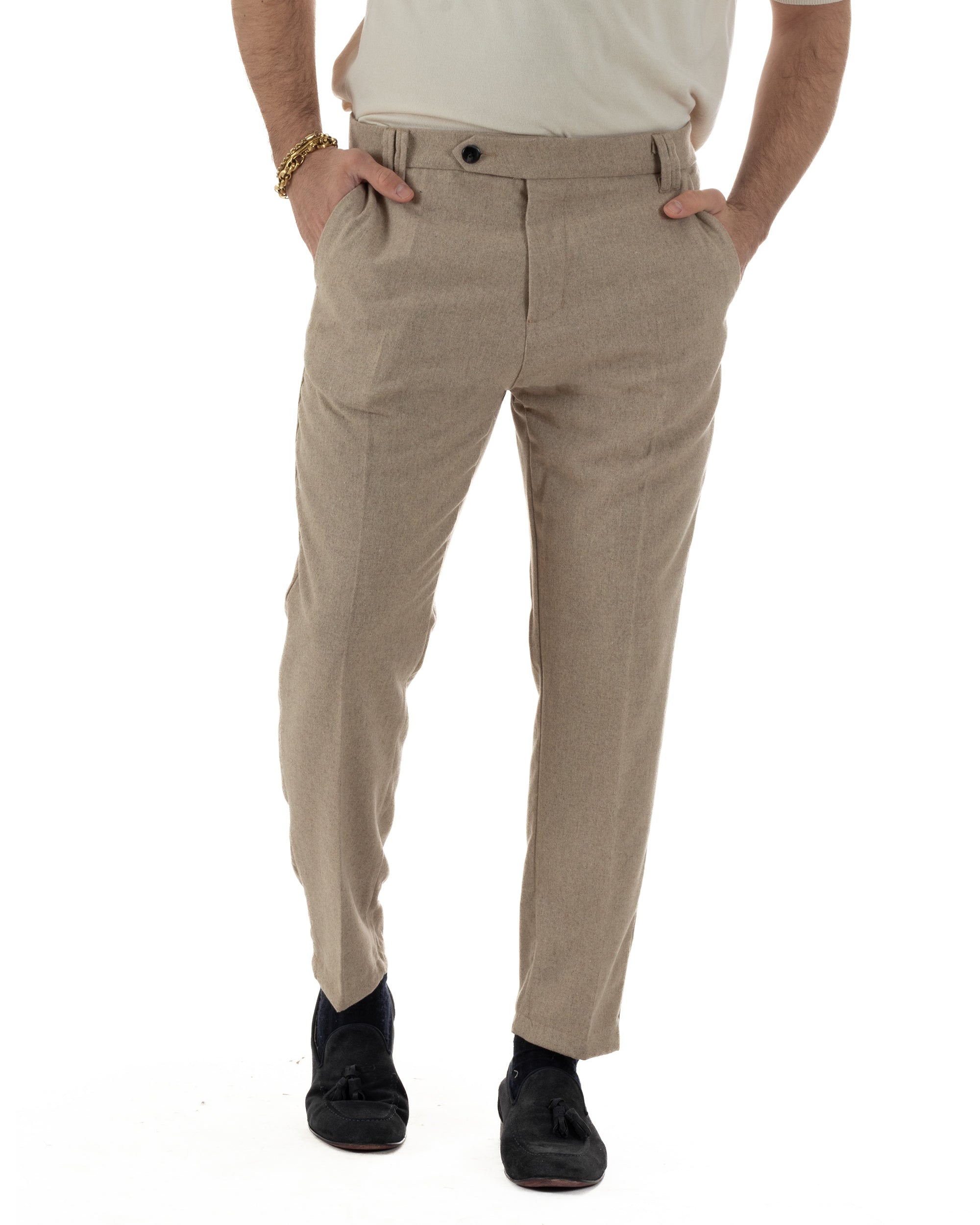 Pantaloni Uomo Lana Abbottonatura Allungata Classico Basic Beige P6433A