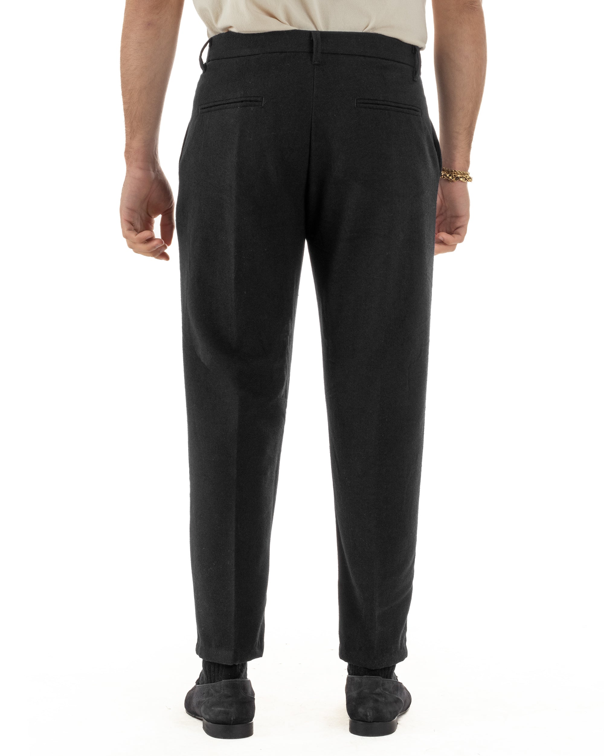 Pantaloni Uomo Lana Abbottonatura Allungata Classico Basic Nero P6434A