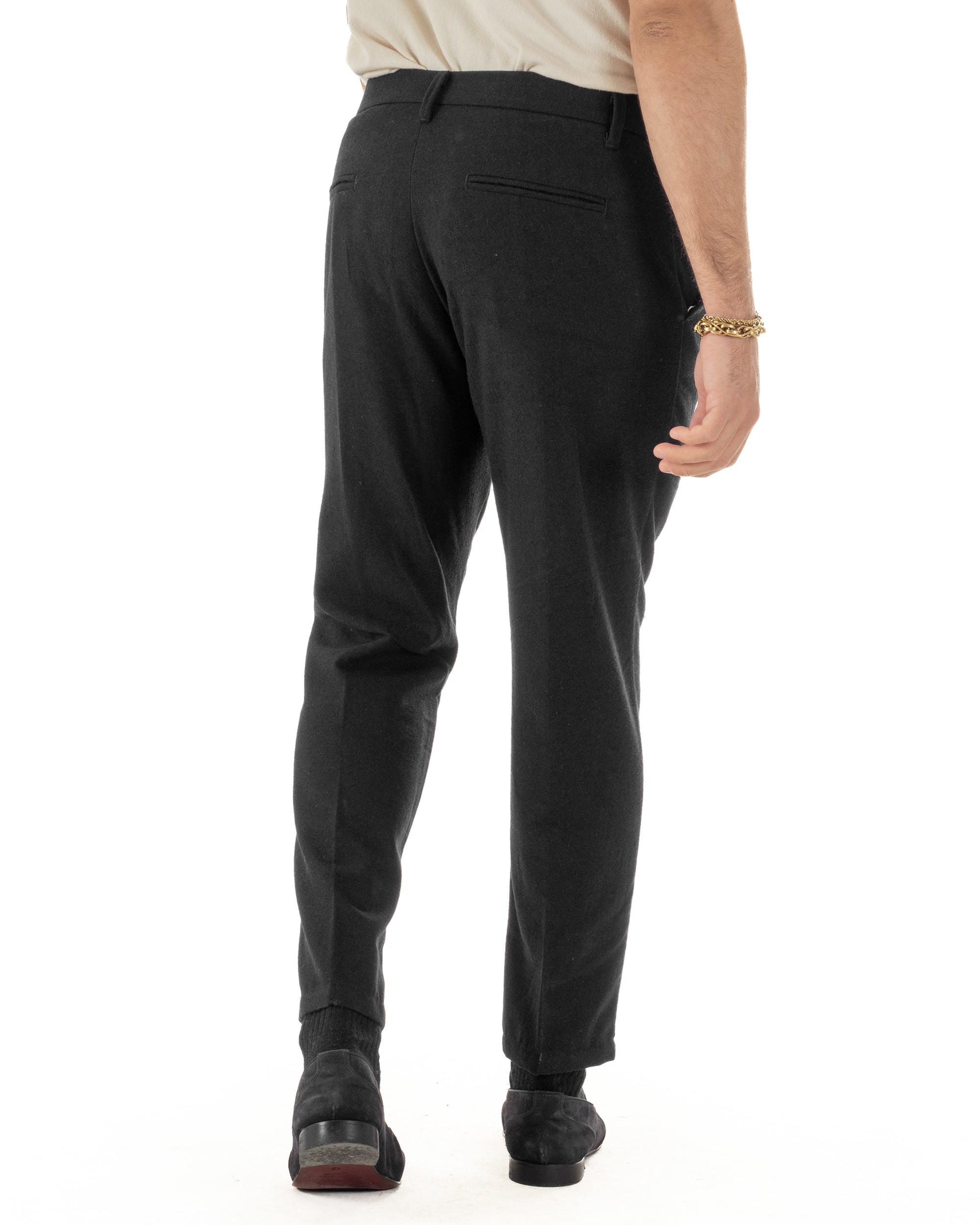 Pantaloni Uomo Lana Abbottonatura Allungata Classico Basic Nero P6434A