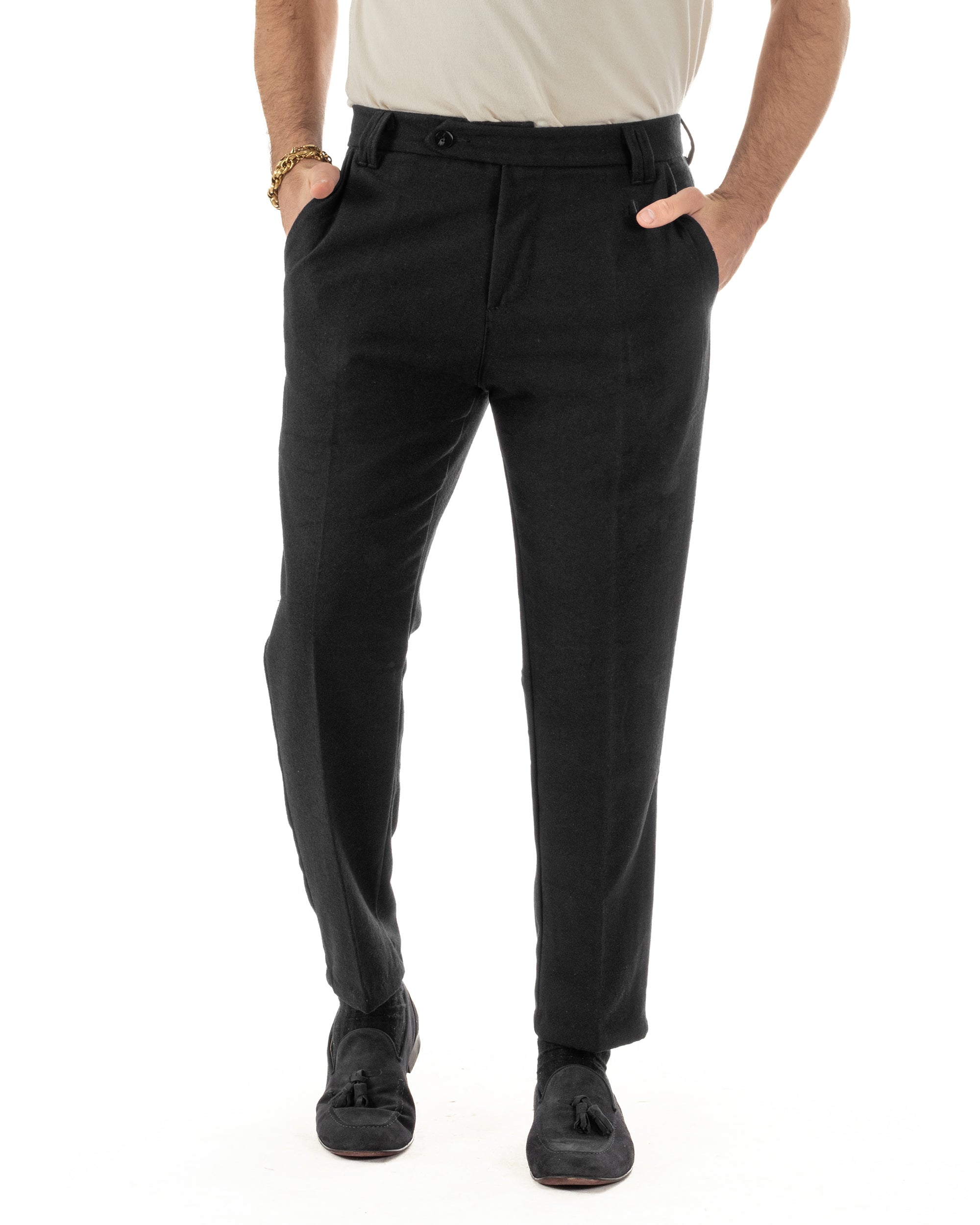 Pantaloni Uomo Lana Abbottonatura Allungata Classico Basic Nero P6434A