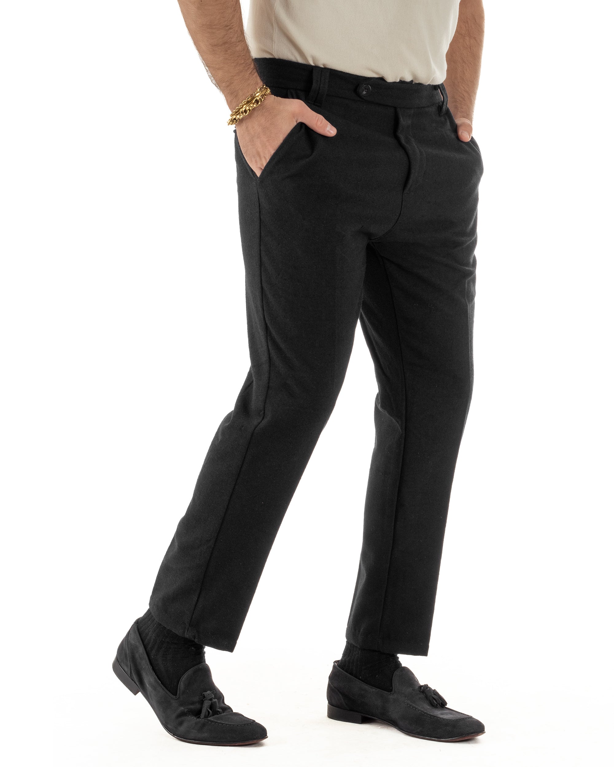 Pantaloni Uomo Lana Abbottonatura Allungata Classico Basic Nero P6434A
