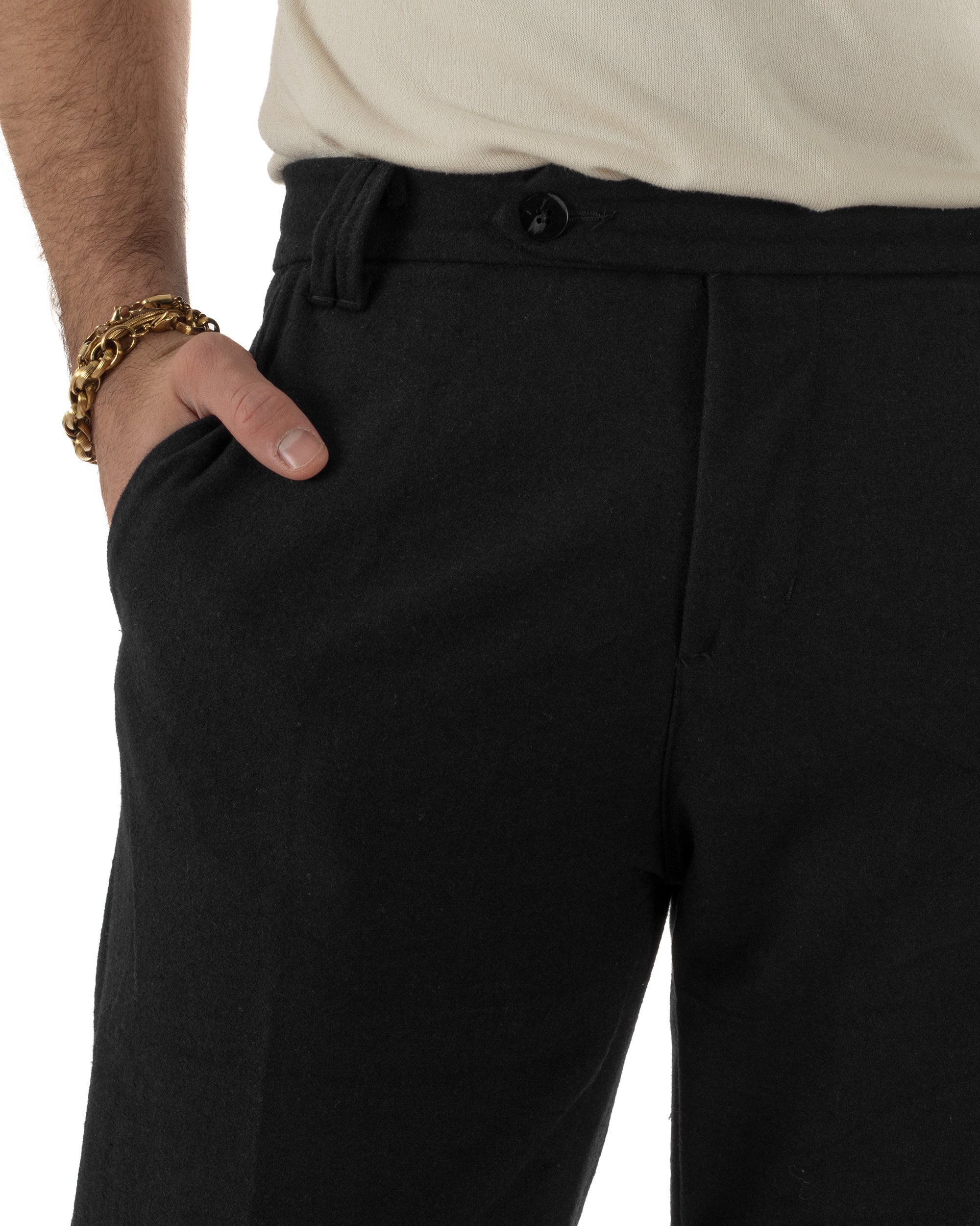 Pantaloni Uomo Lana Abbottonatura Allungata Classico Basic Nero P6434A