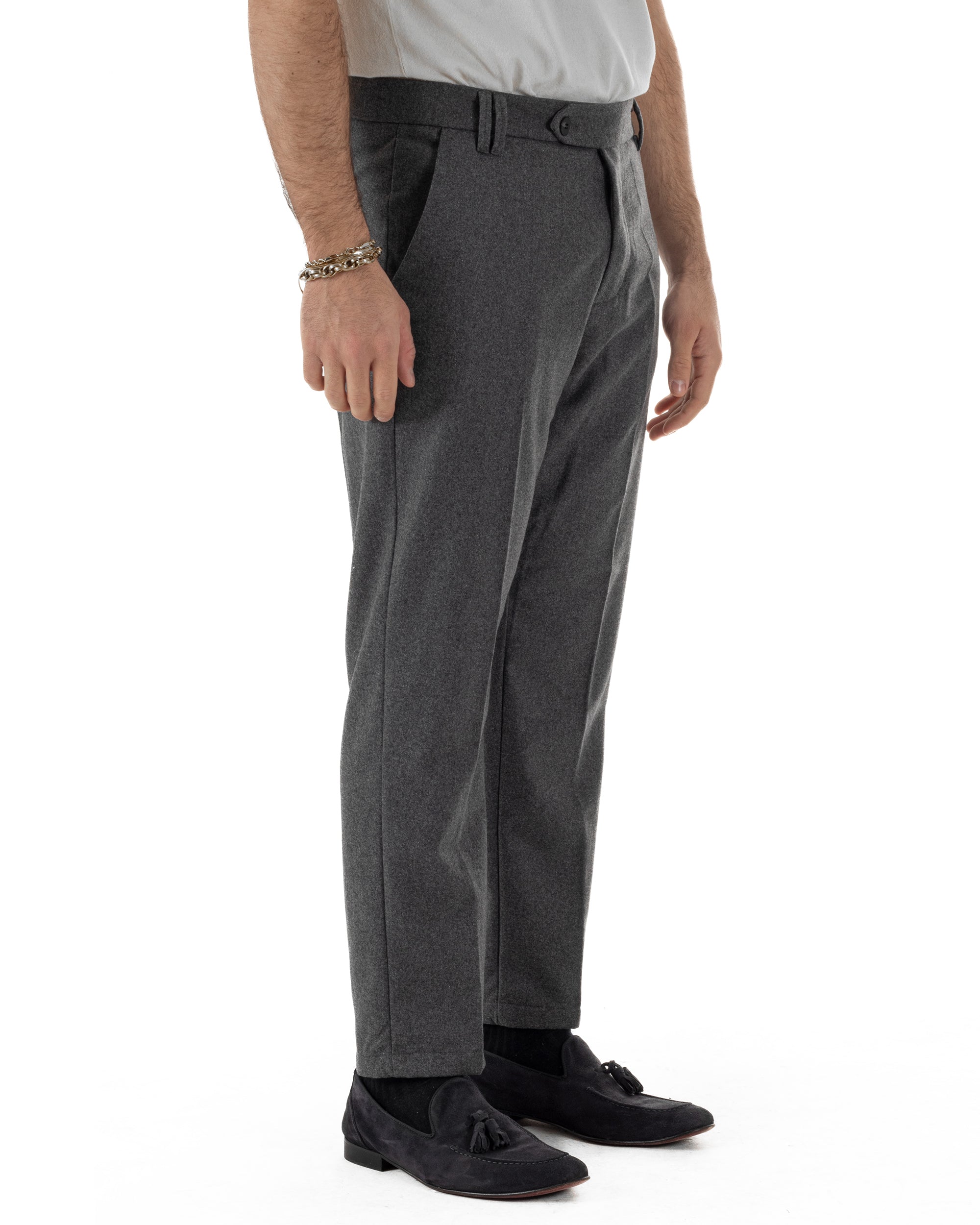 Pantaloni Uomo Lana Abbottonatura Allungata Classico Basic Grigio P6435A