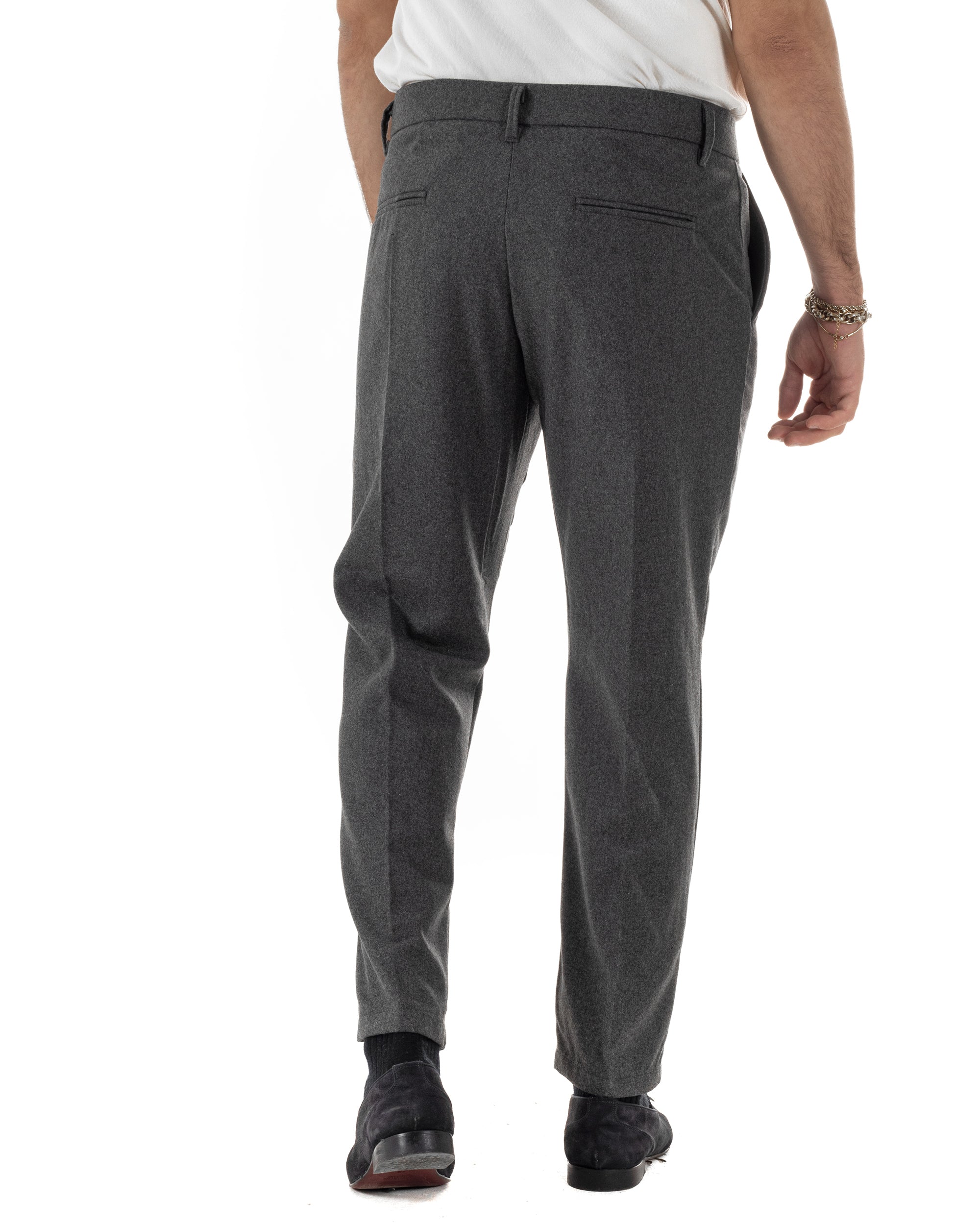 Pantaloni Uomo Lana Abbottonatura Allungata Classico Basic Grigio P6435A