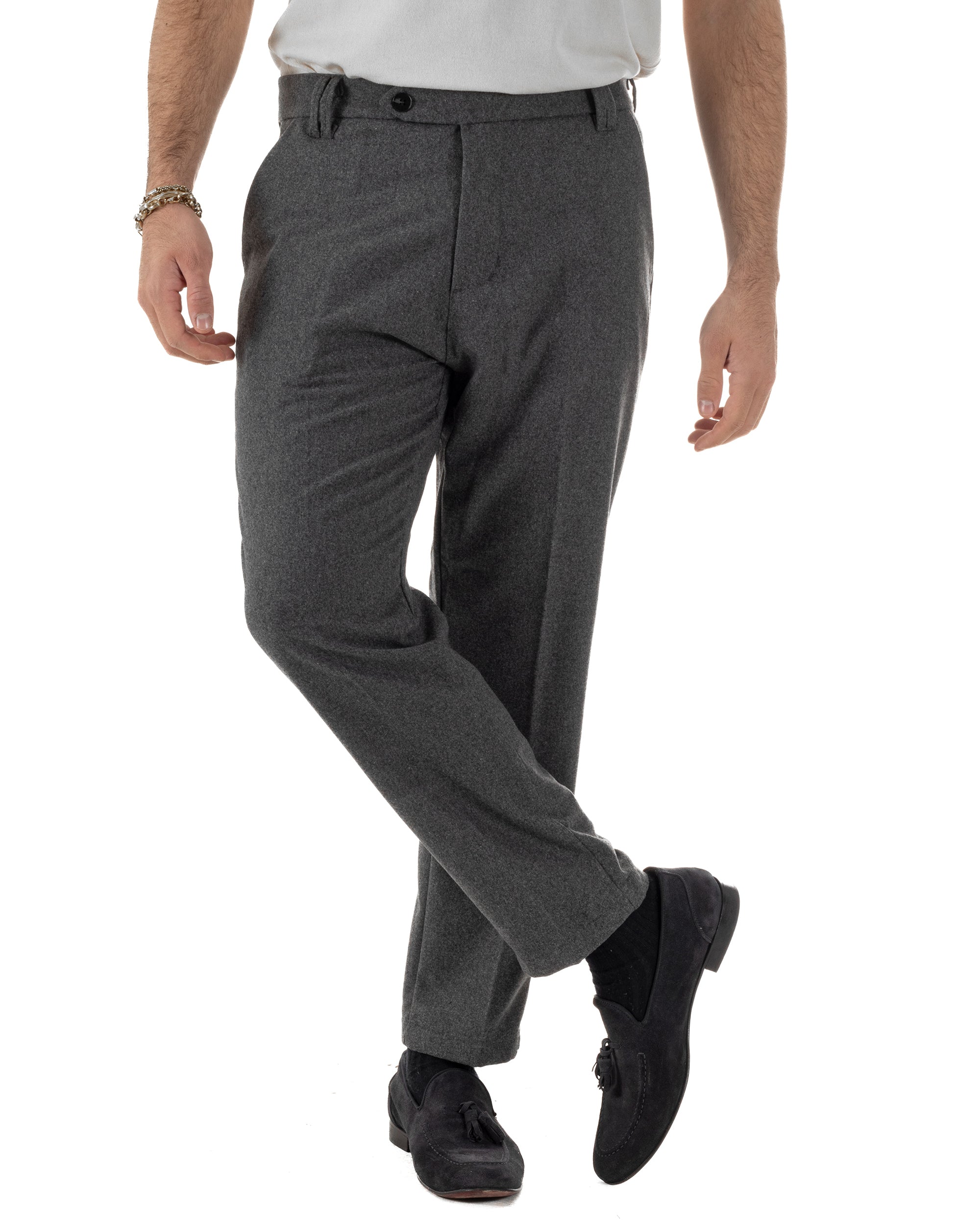 Pantaloni Uomo Lana Abbottonatura Allungata Classico Basic Grigio P6435A