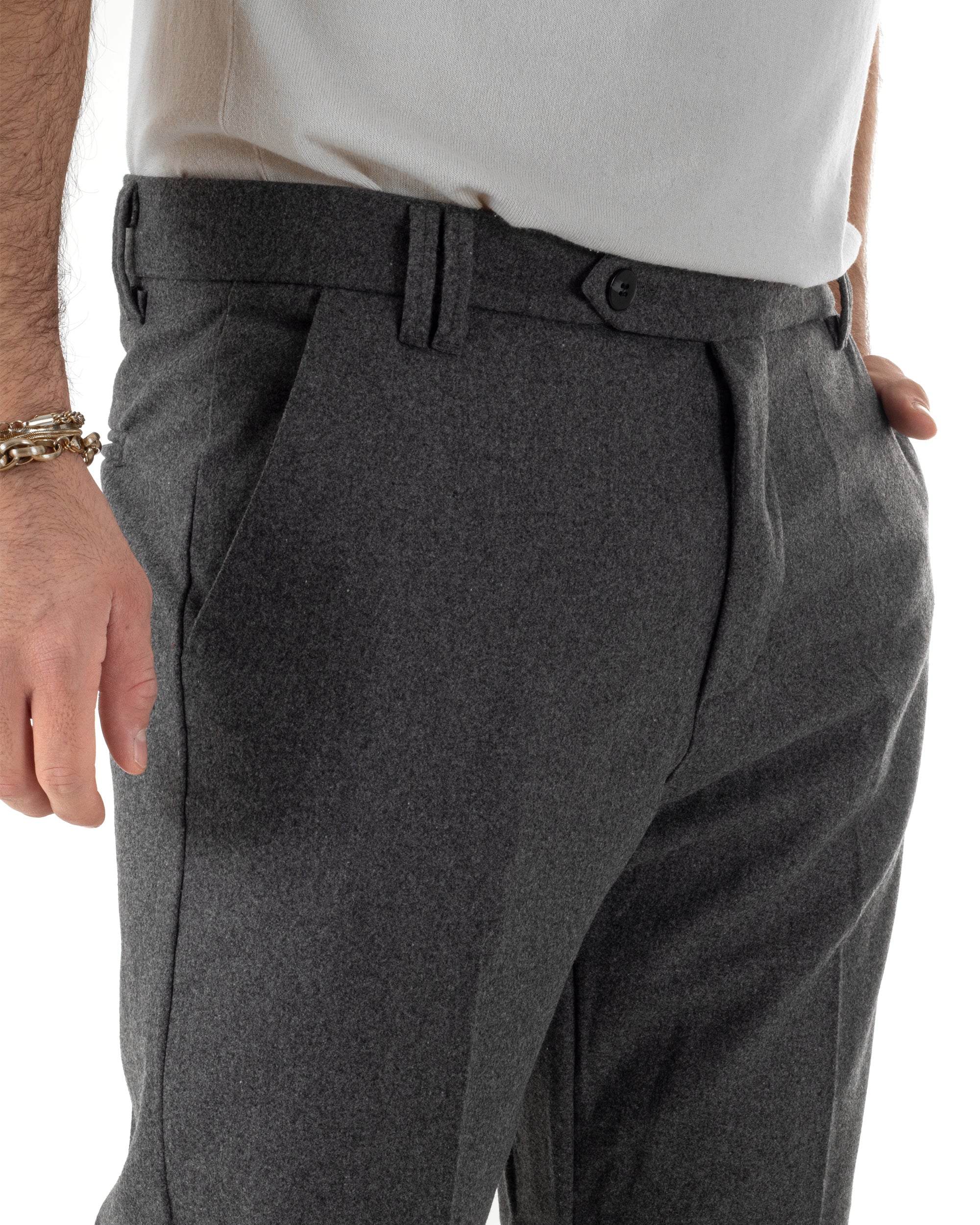 Pantaloni Uomo Lana Abbottonatura Allungata Classico Basic Grigio P6435A
