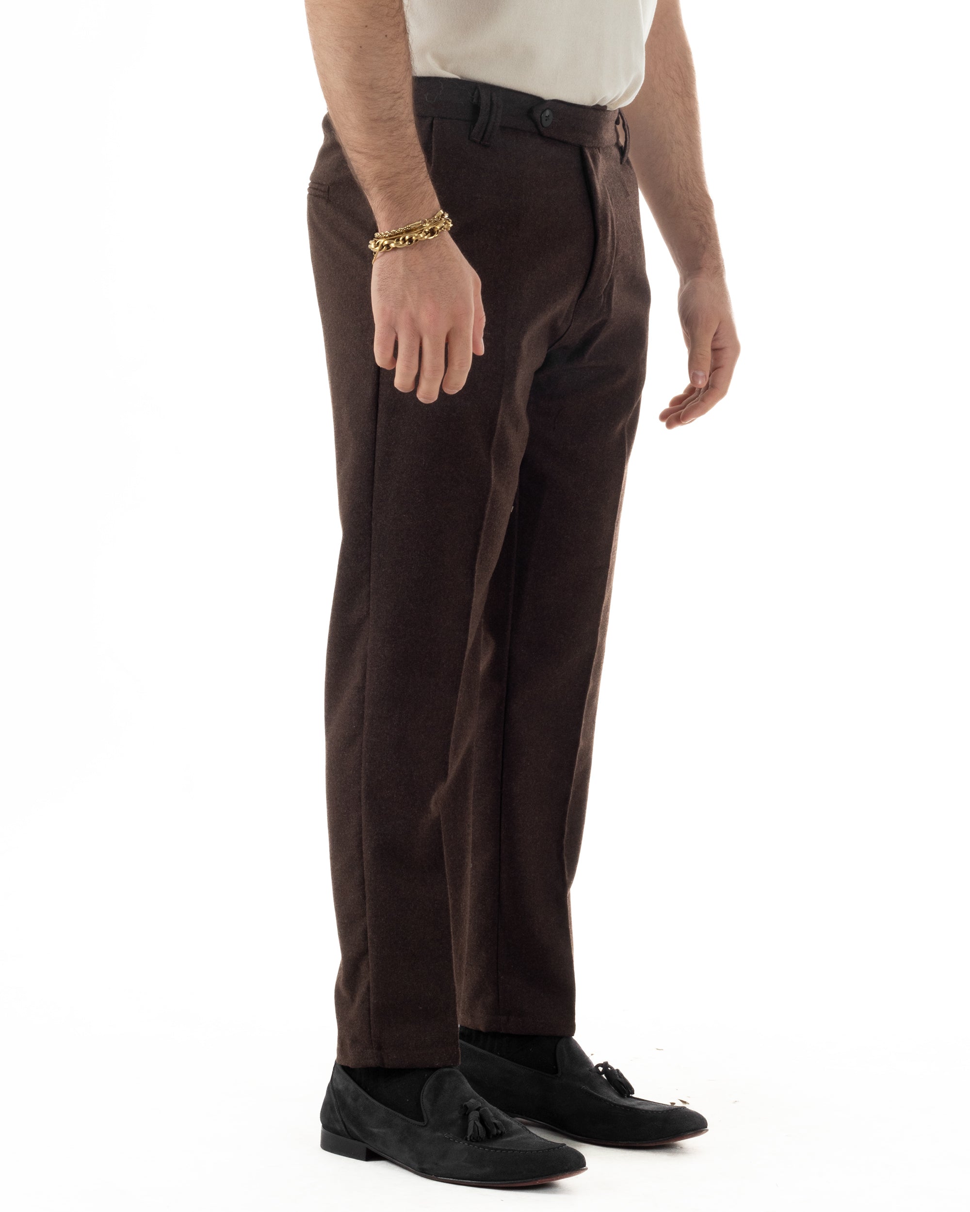 Pantaloni Uomo Lana Abbottonatura Allungata Classico Basic Marrone P6436A