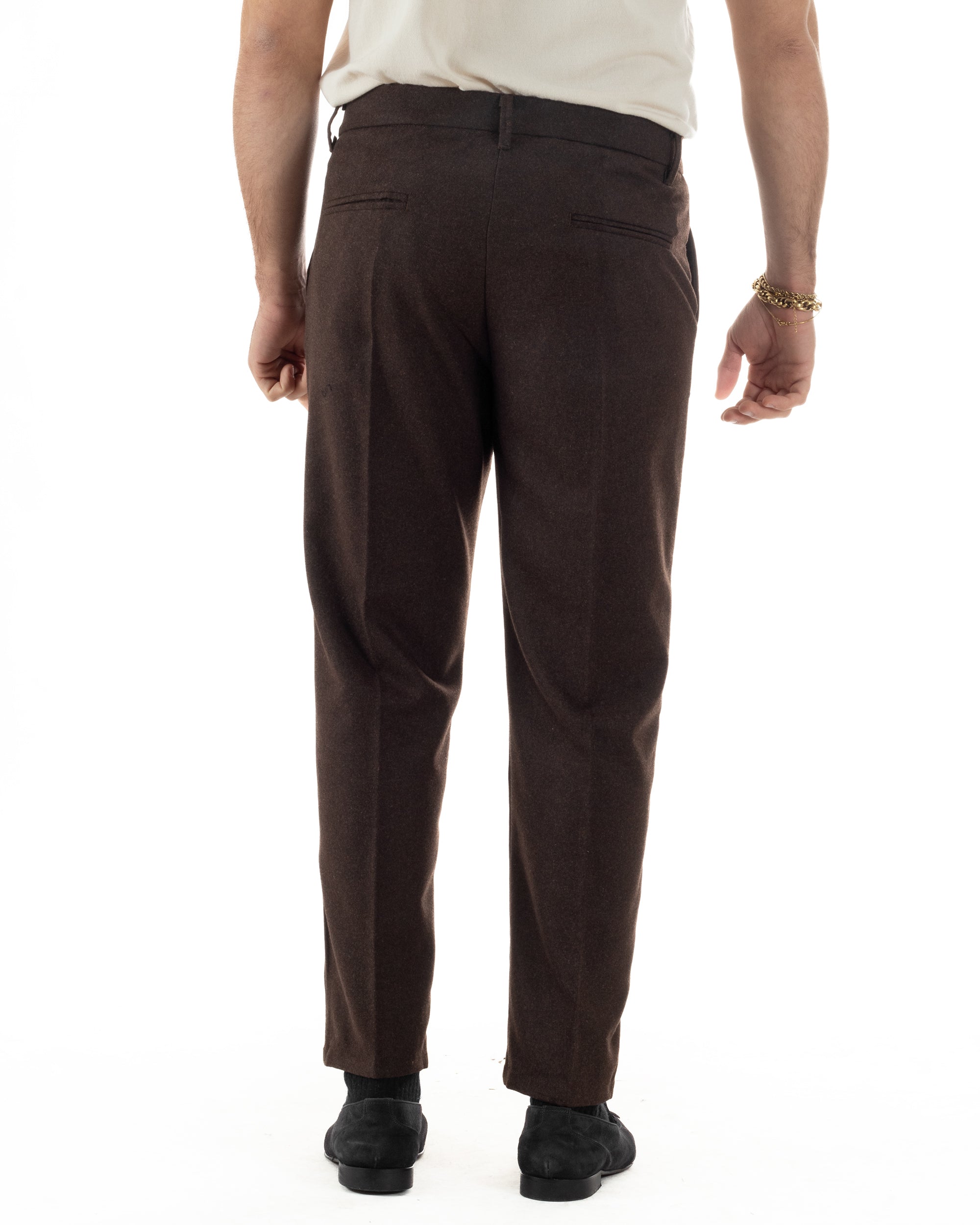 Pantaloni Uomo Lana Abbottonatura Allungata Classico Basic Marrone P6436A