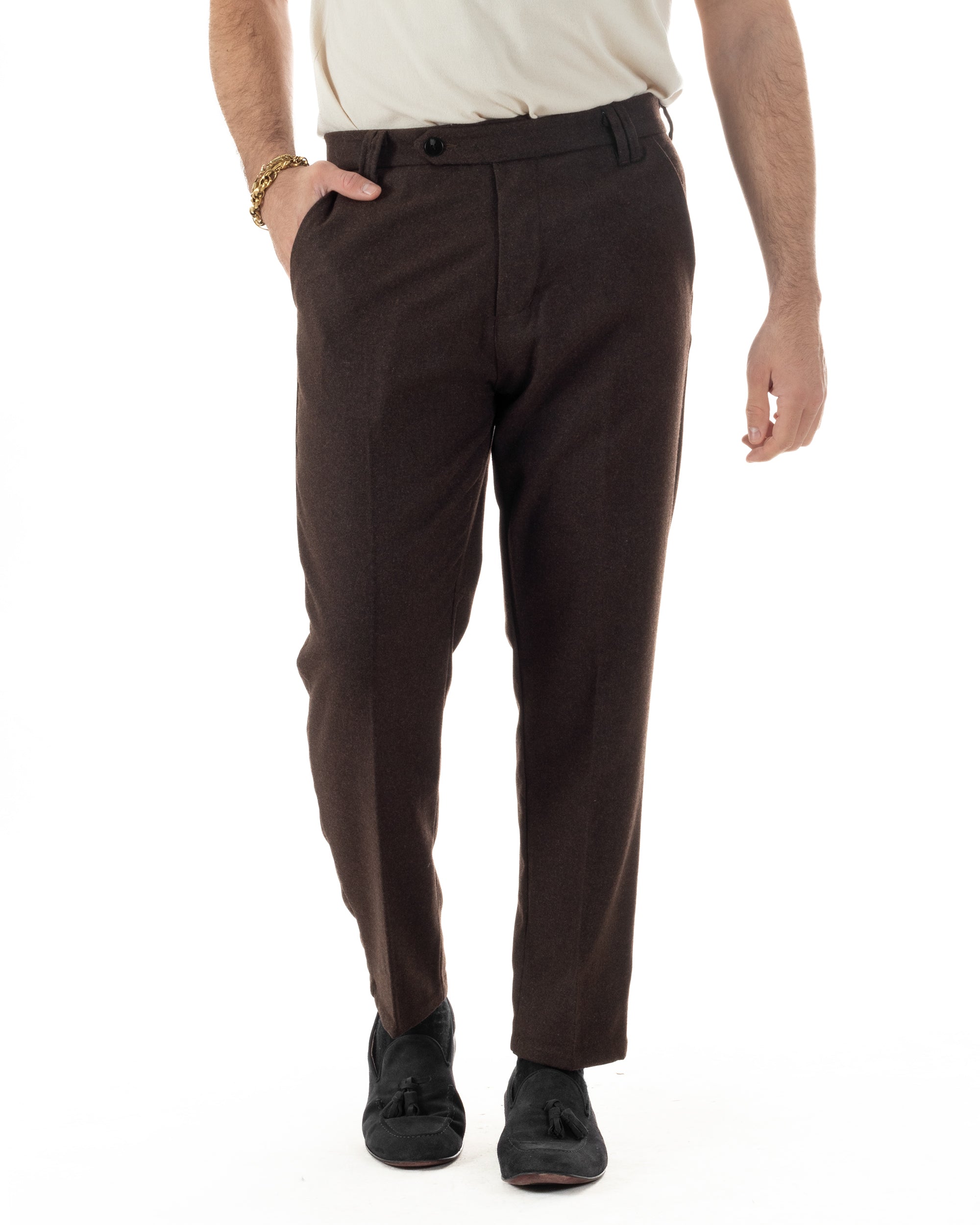 Pantaloni Uomo Lana Abbottonatura Allungata Classico Basic Marrone P6436A
