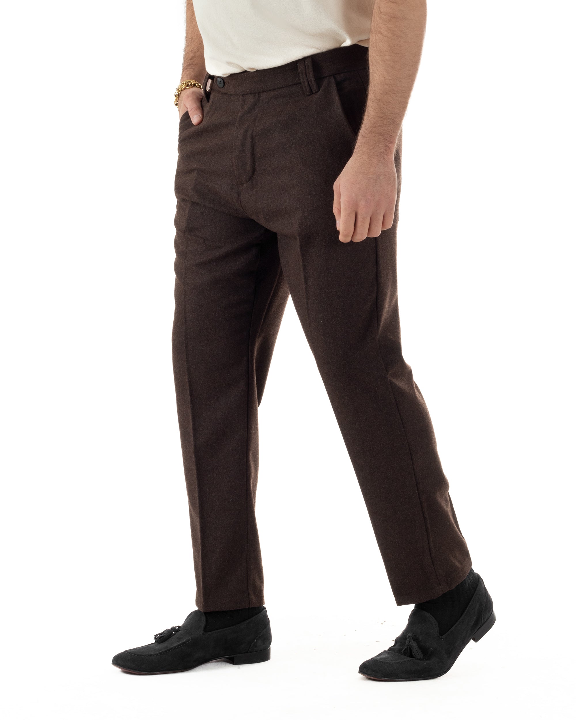 Pantaloni Uomo Lana Abbottonatura Allungata Classico Basic Marrone P6436A