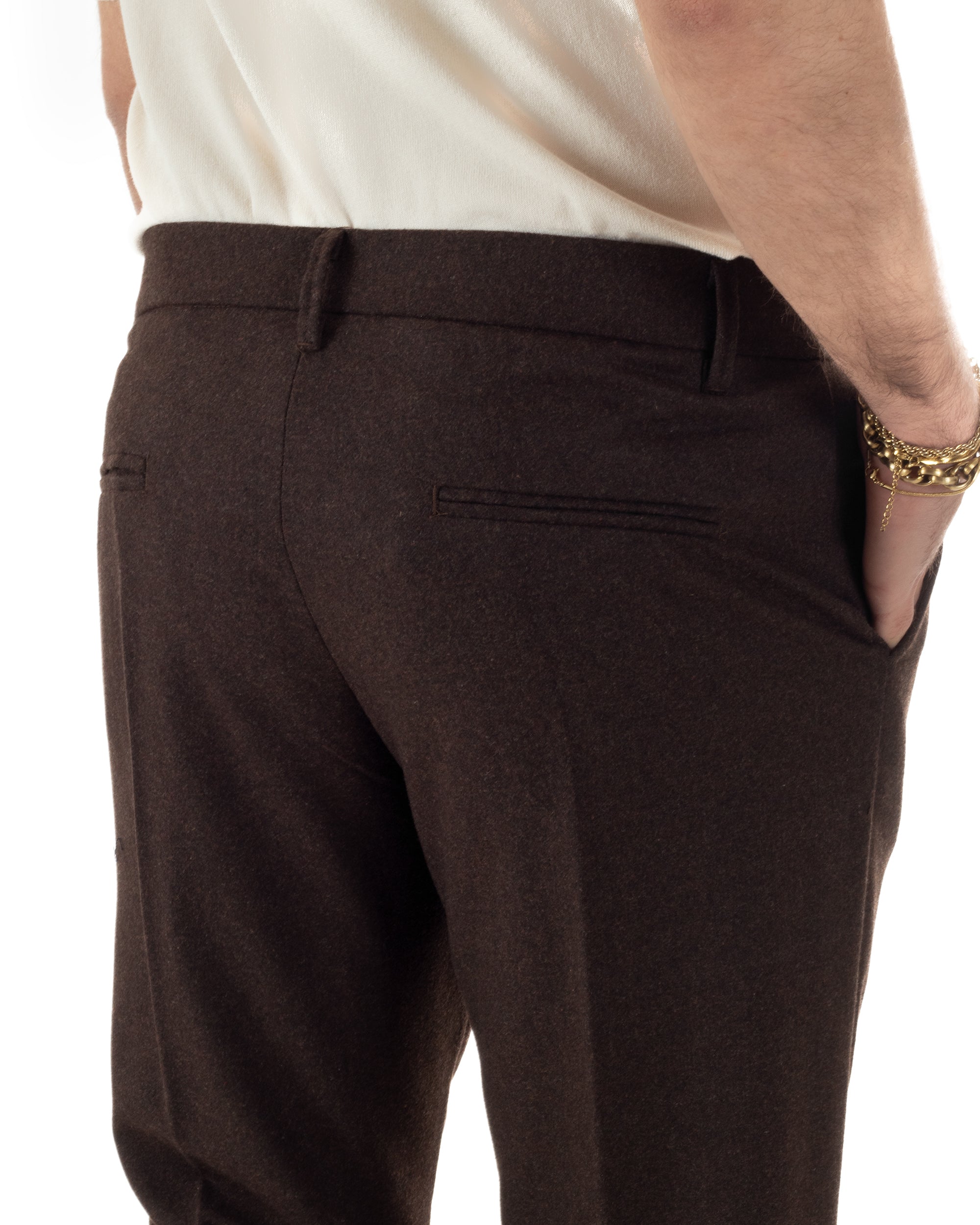 Pantaloni Uomo Lana Abbottonatura Allungata Classico Basic Marrone P6436A