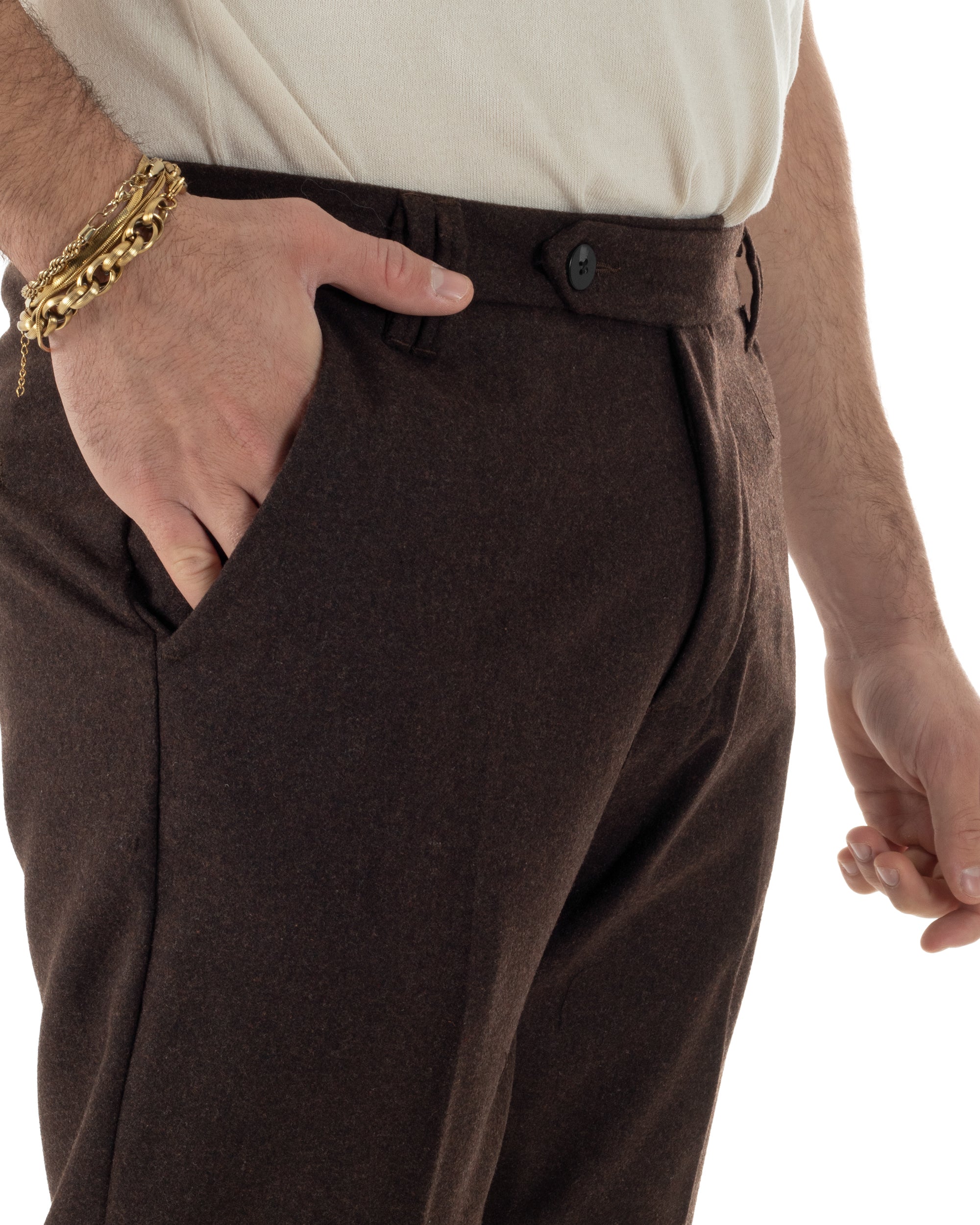 Pantaloni Uomo Lana Abbottonatura Allungata Classico Basic Marrone P6436A